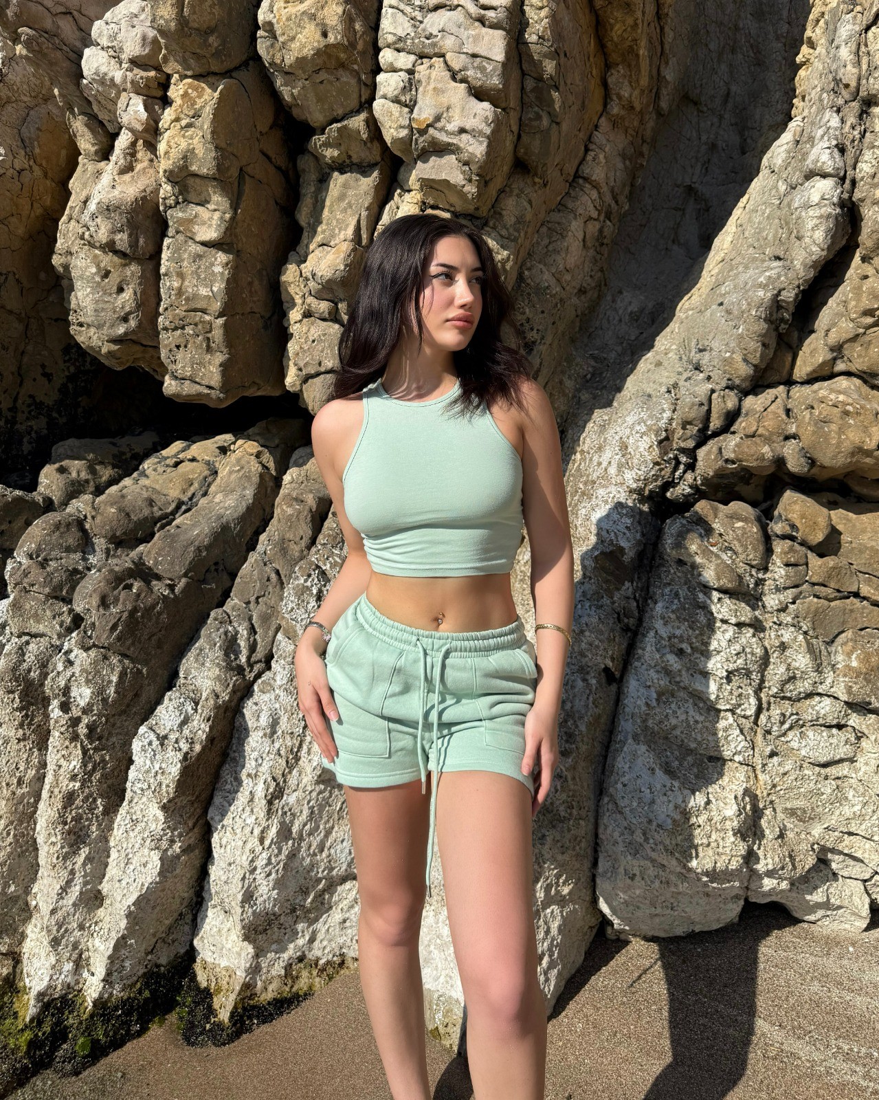 RAVELS WATER GREEN SIFIR KOL CROP ŞORT TAKIM