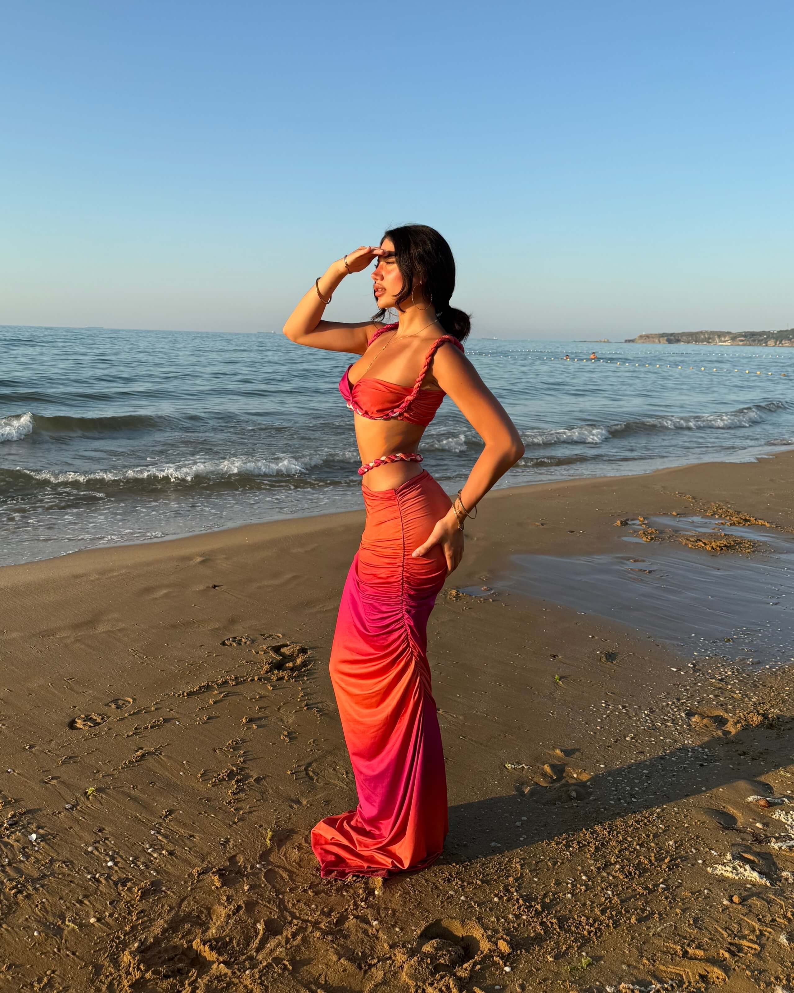MESYA PINK-ORANGE ÖRGÜ DETAY BÜSTİYER ETEK TAKIM