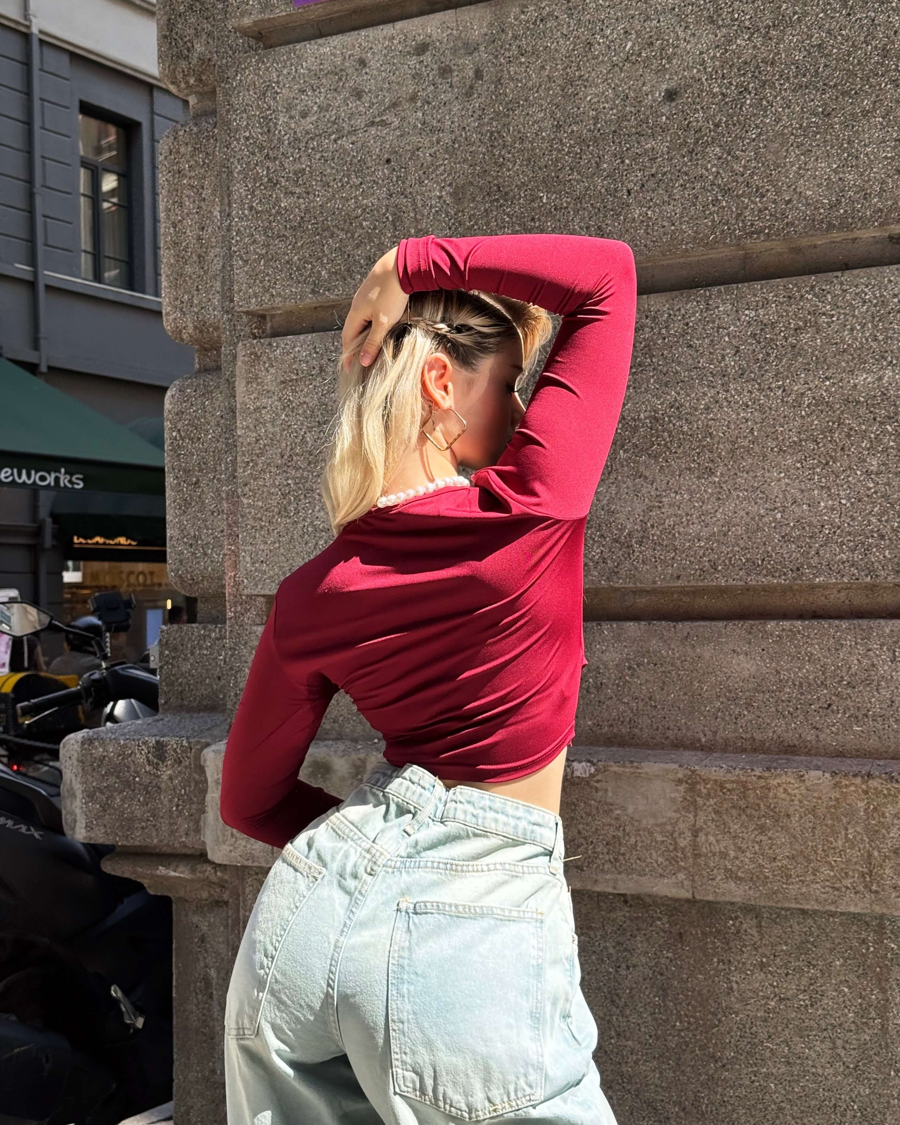 PAULA CLARET RED UZUN KOL KRUVAZE BLUZ