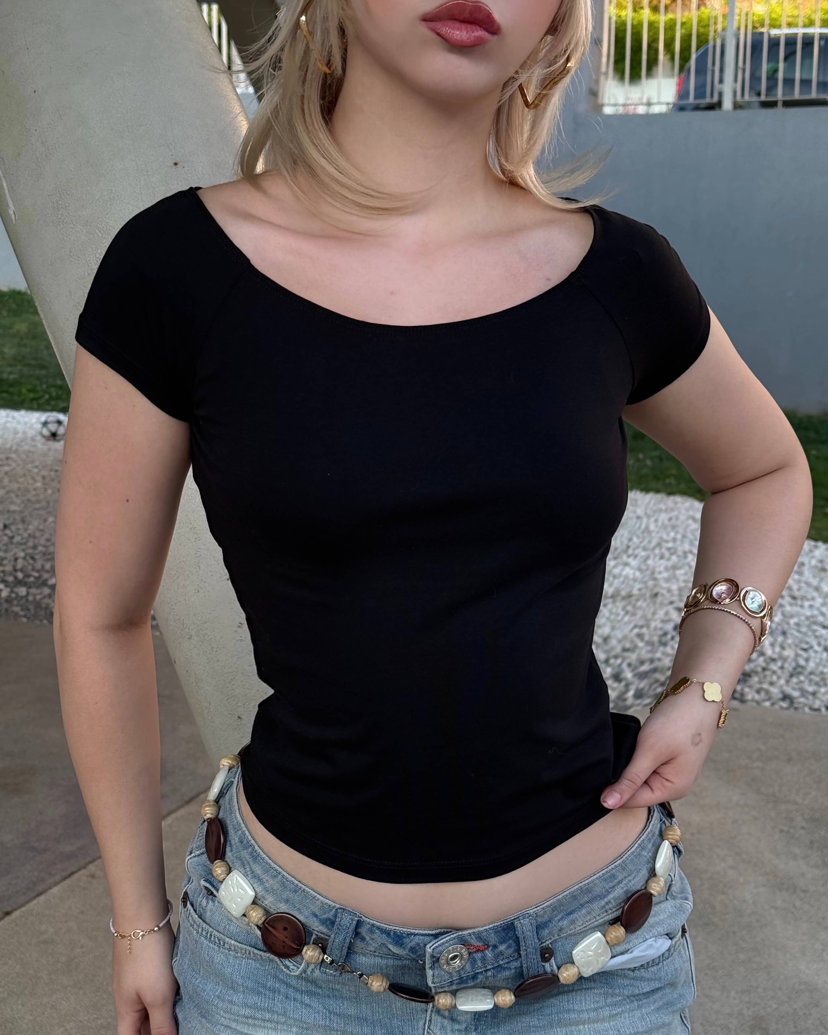 DYMEL BLACK KARPUZ KOL CROP 