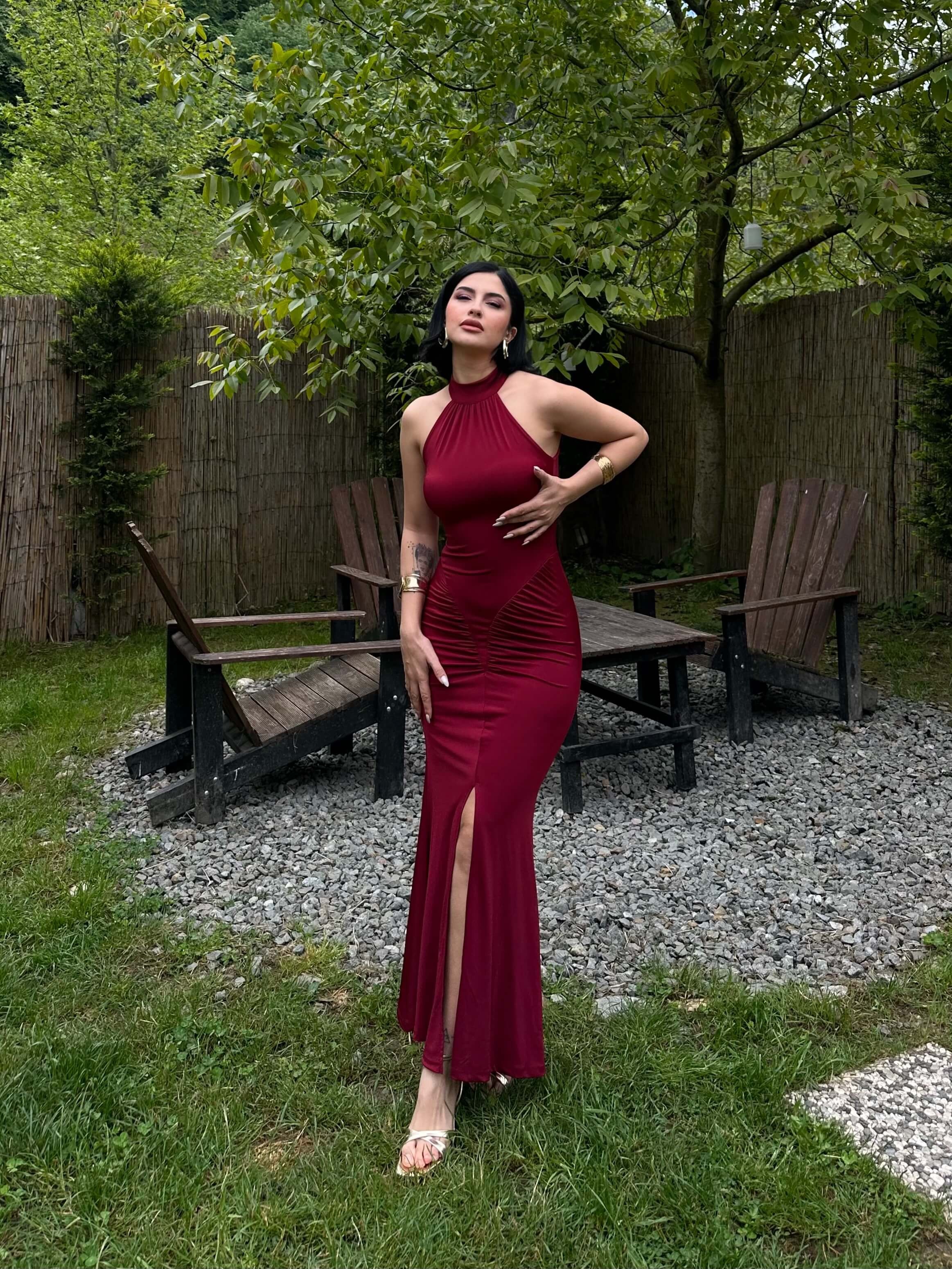 BLAME CLARET RED HALTER YAKA YIRTMAÇLI ELBİSE