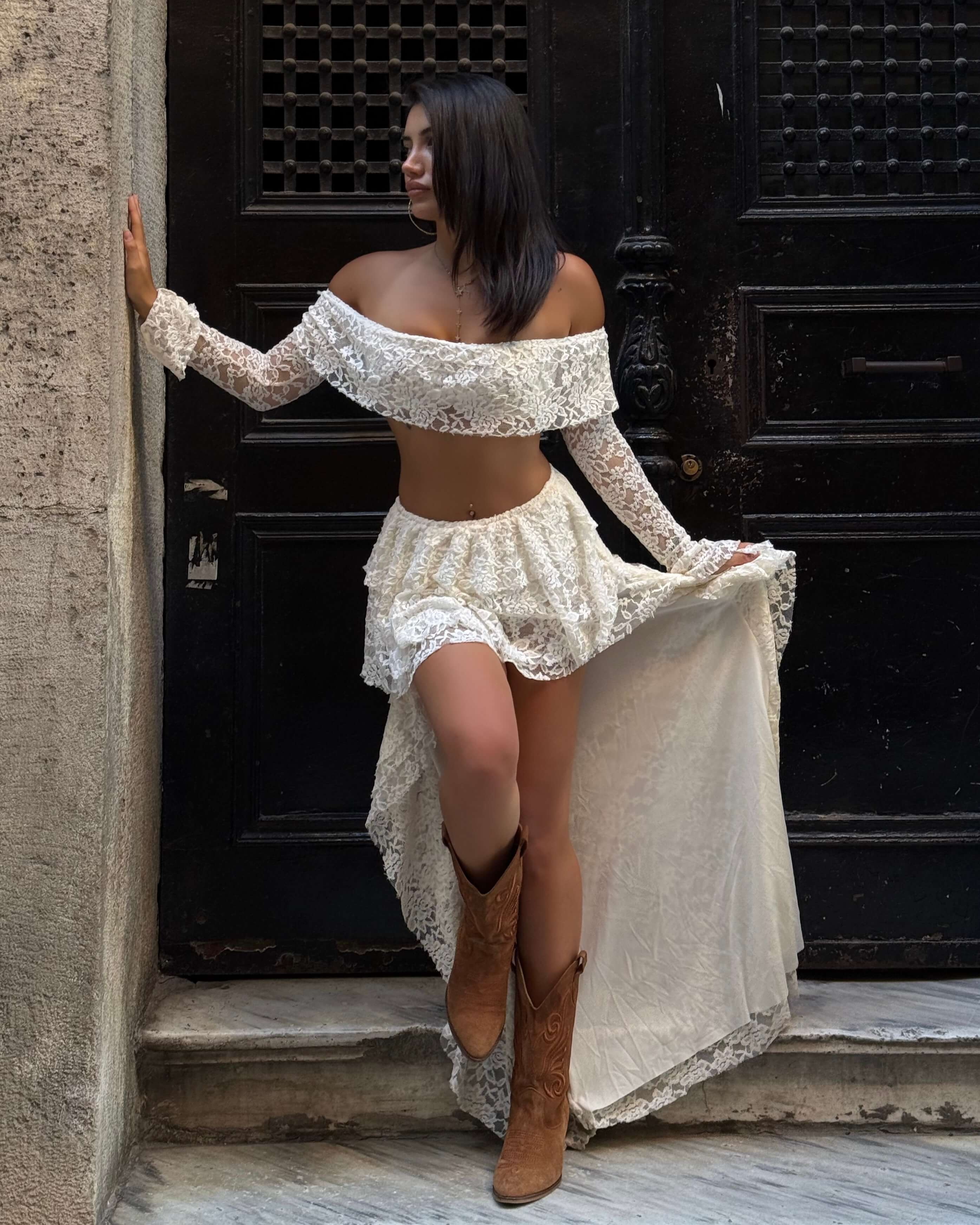 PRAKAS BEIGE DANTEL BOLERO ETEK TAKIM 