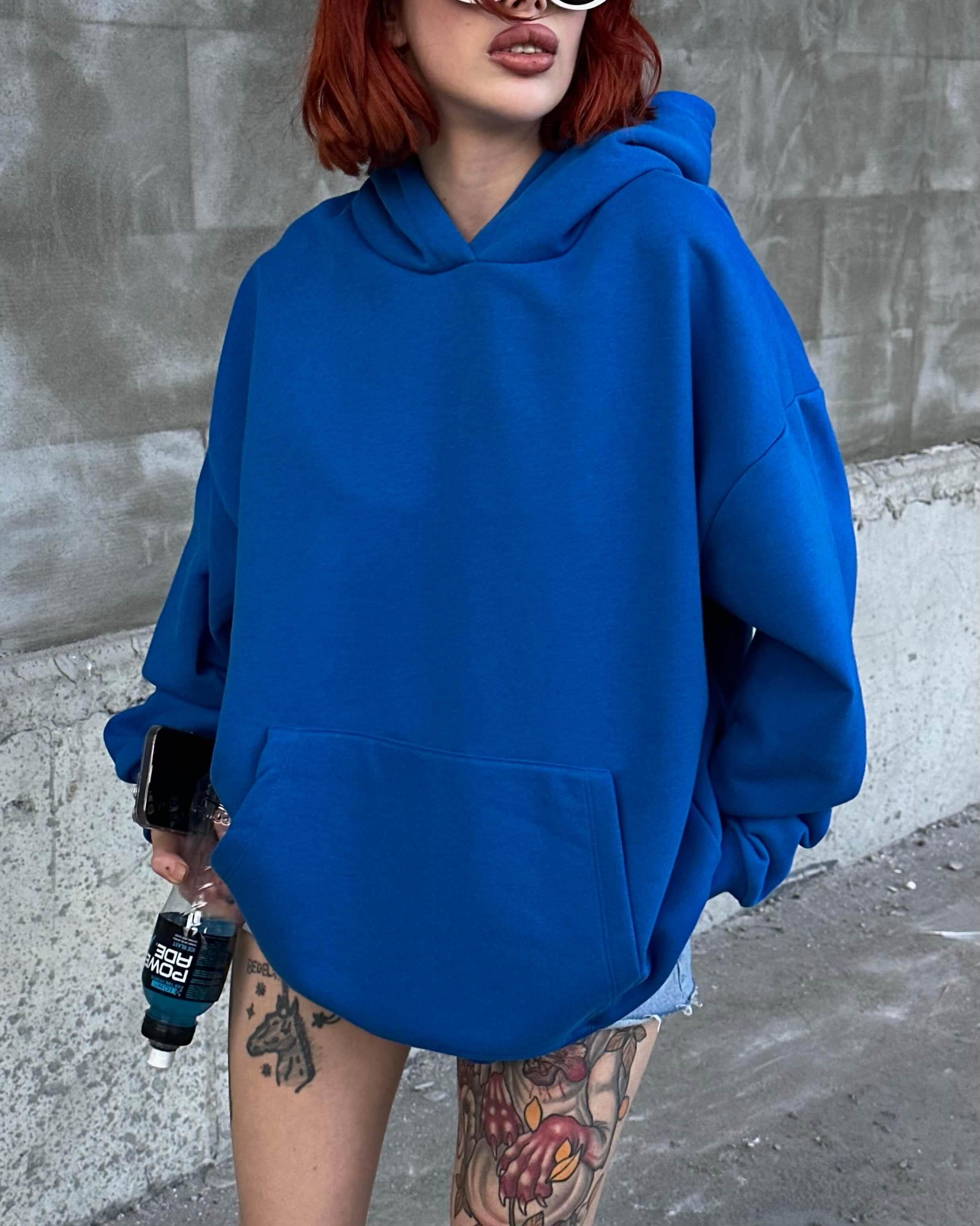 MAVİ KAPÜŞONLU BASIC SWEATSHIRT