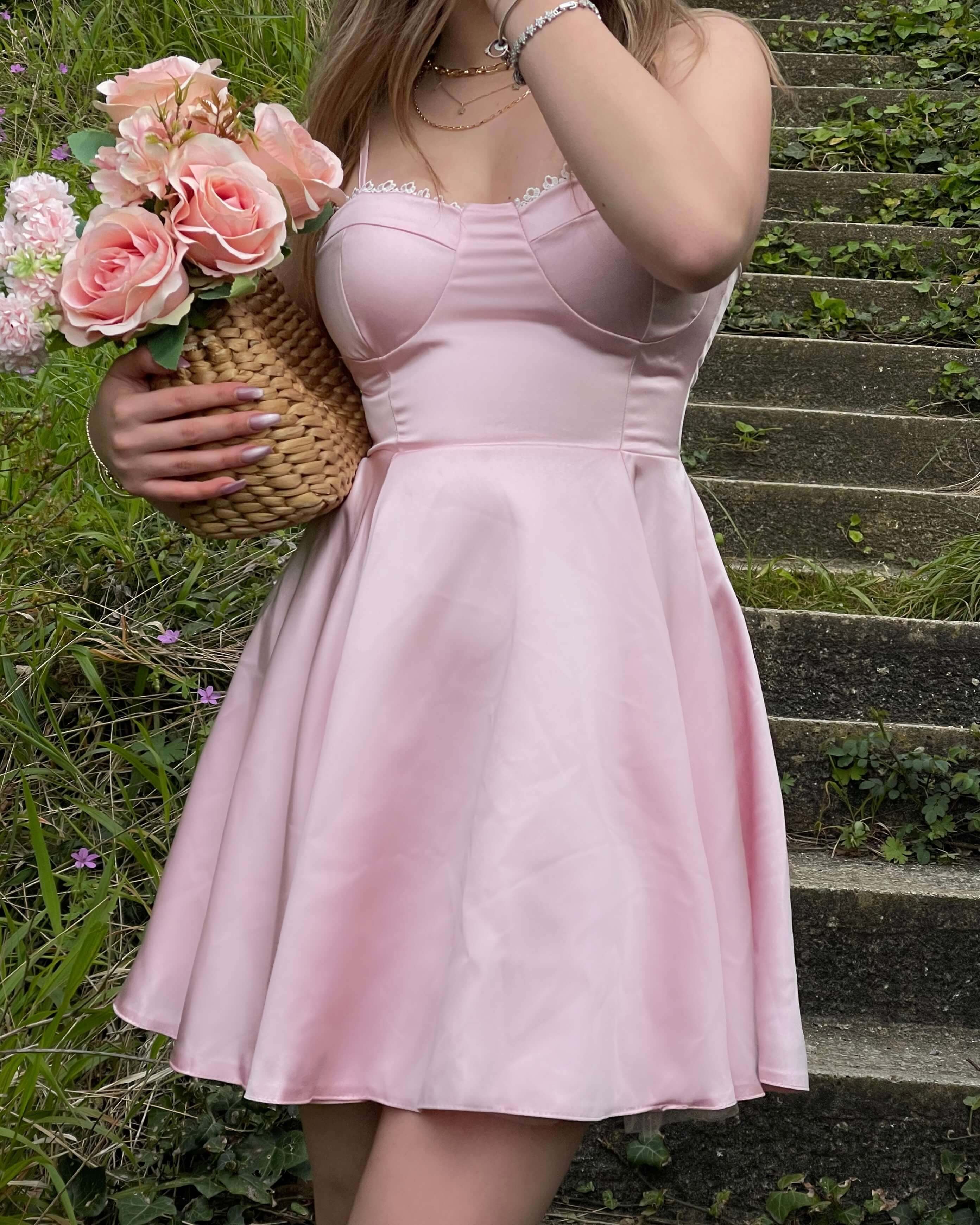 LEMANE PINK SATEN ASKILI MİNİ ELBİSE