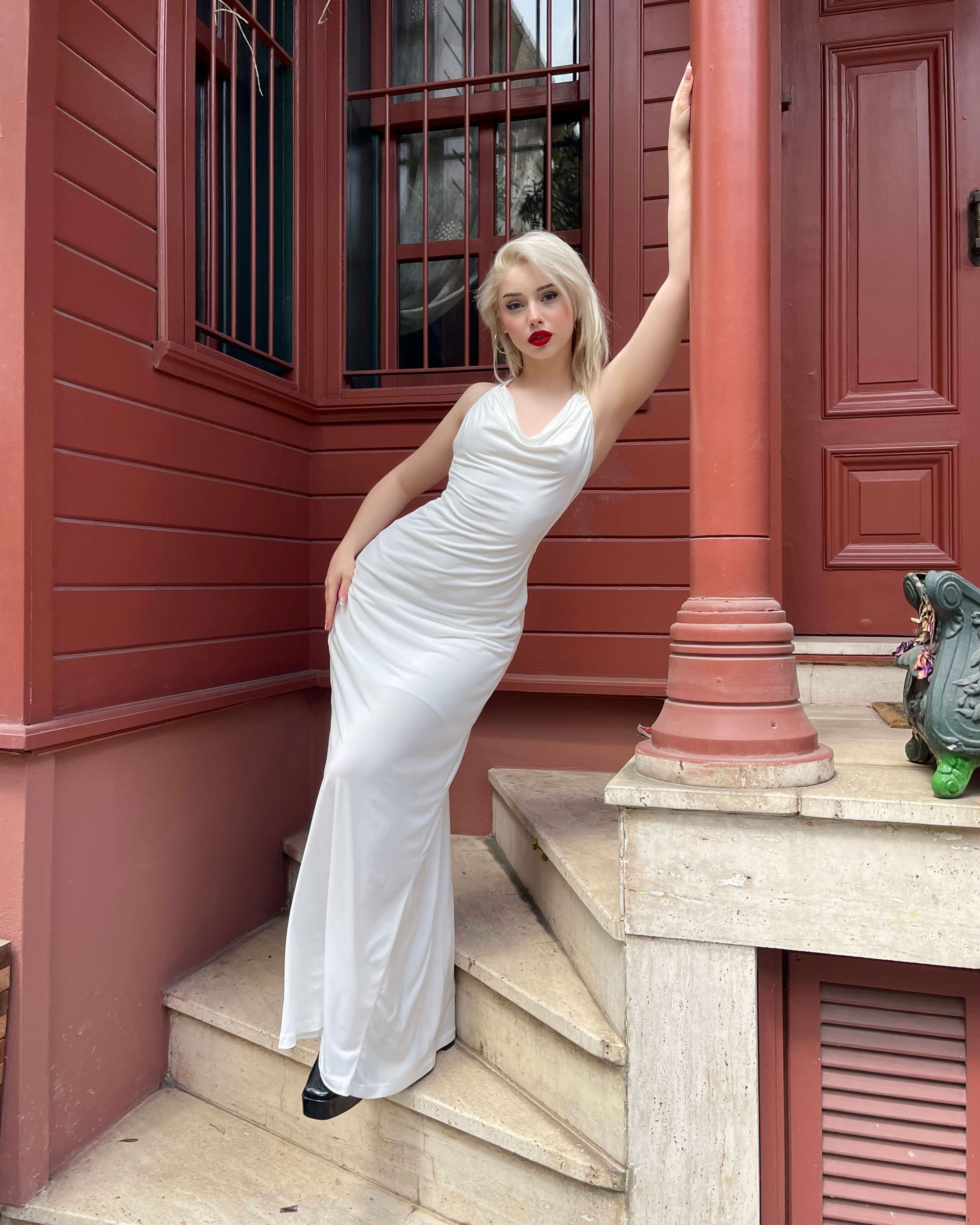 POLIE WHITE ÇİFT BAĞLAMALI SIRTI AÇIK ELBİSE