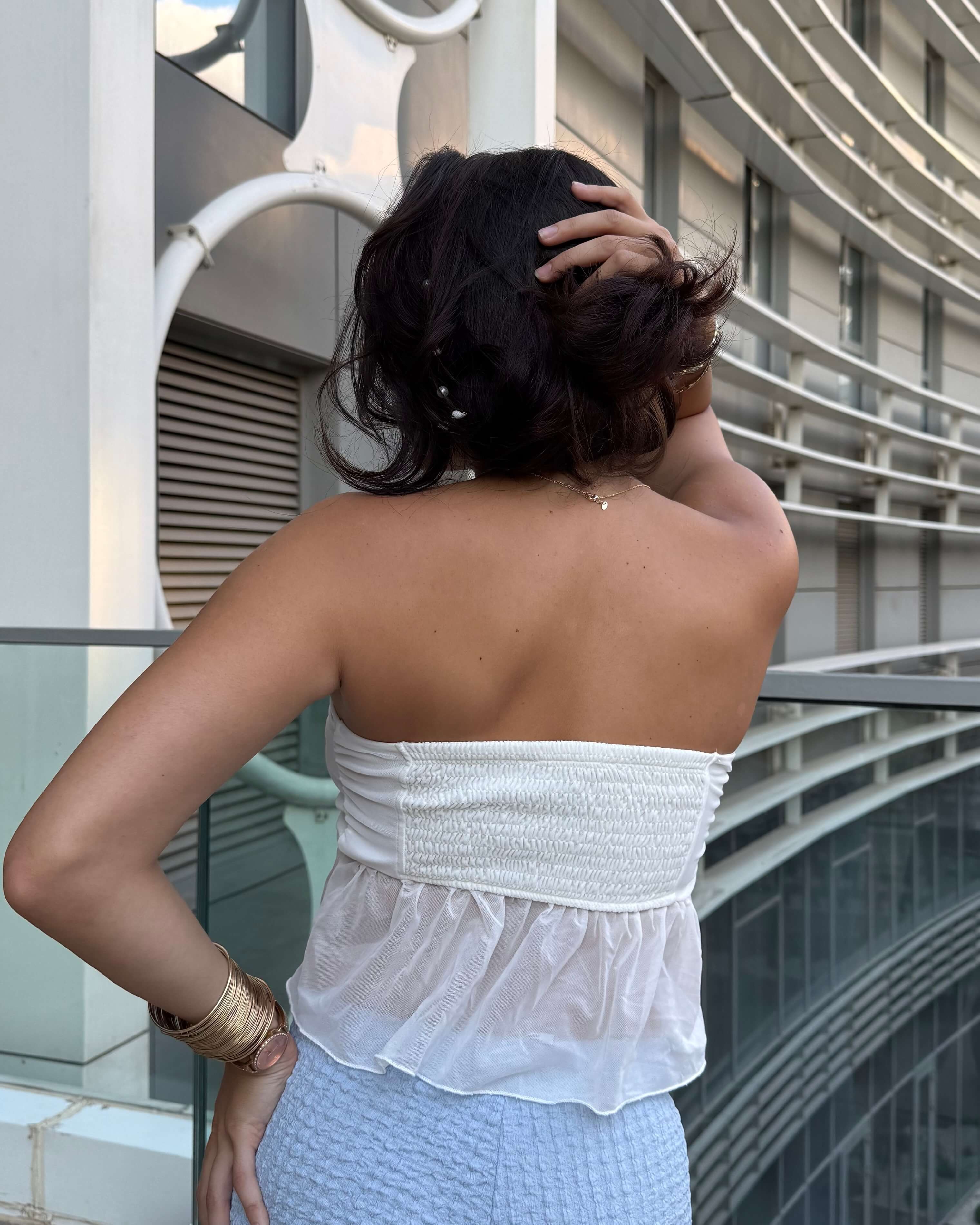 ODYSSEY WHITE STRAPLEZ BÜZGÜ DETAY TÜL CROP