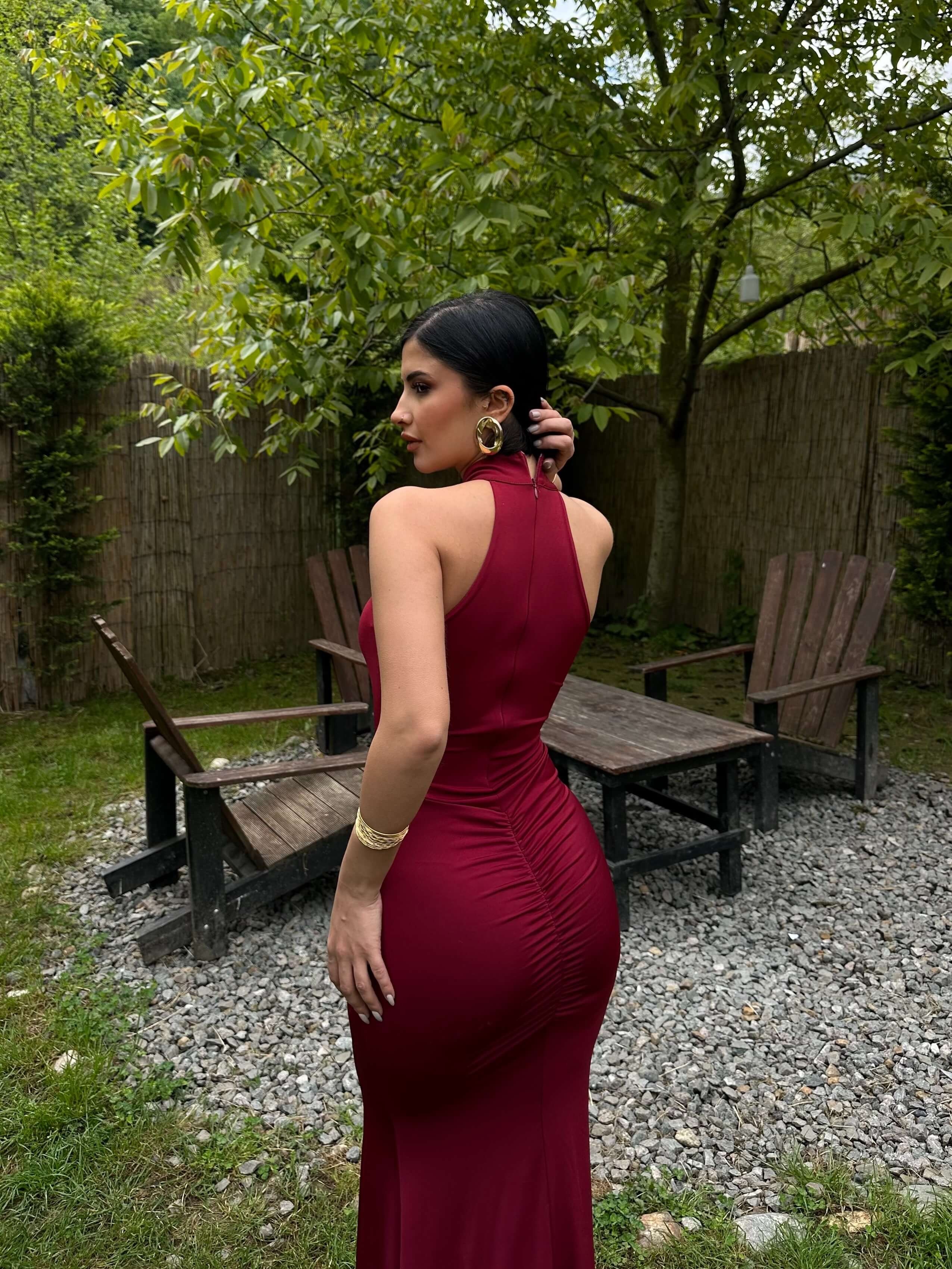 BLAME CLARET RED HALTER YAKA YIRTMAÇLI ELBİSE