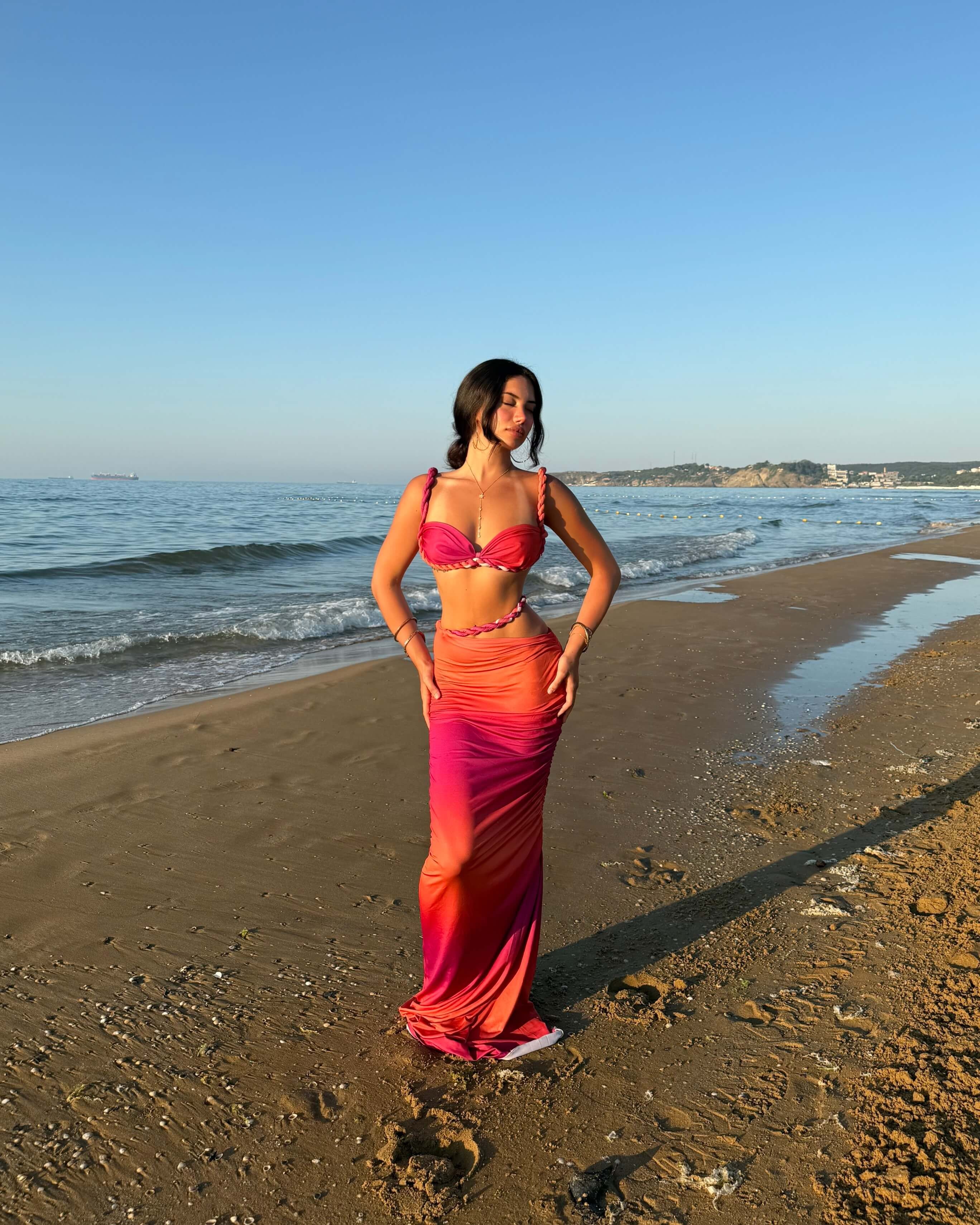 MESYA PINK-ORANGE ÖRGÜ DETAY BÜSTİYER ETEK TAKIM