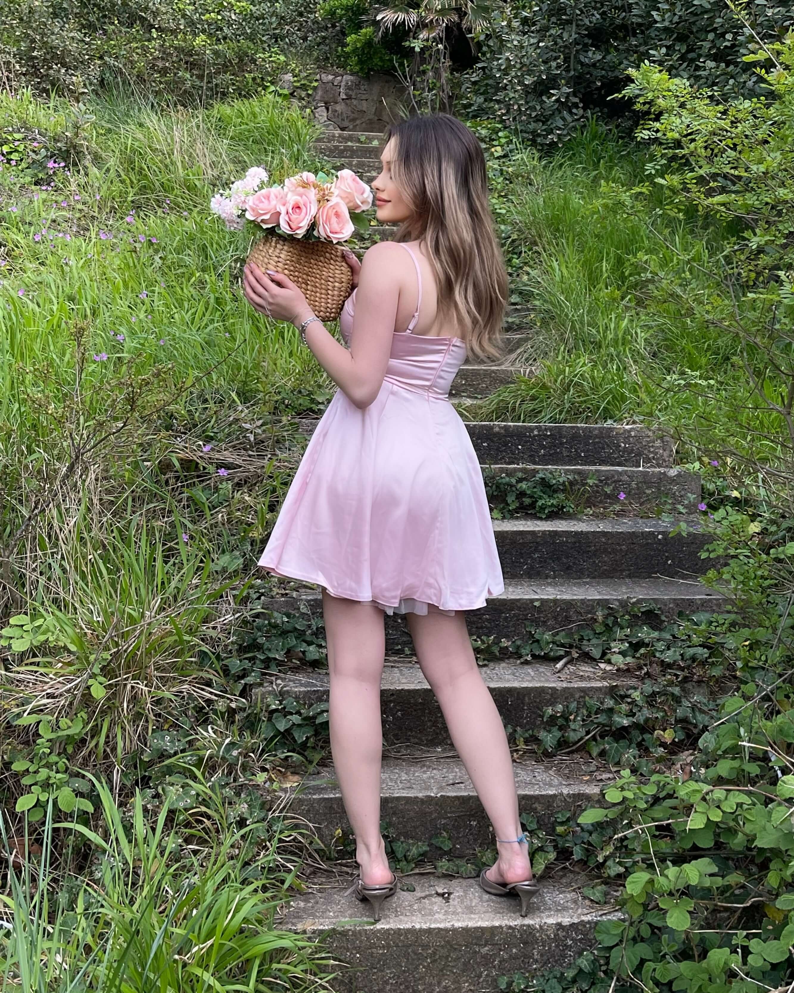LEMANE PINK SATEN ASKILI MİNİ ELBİSE