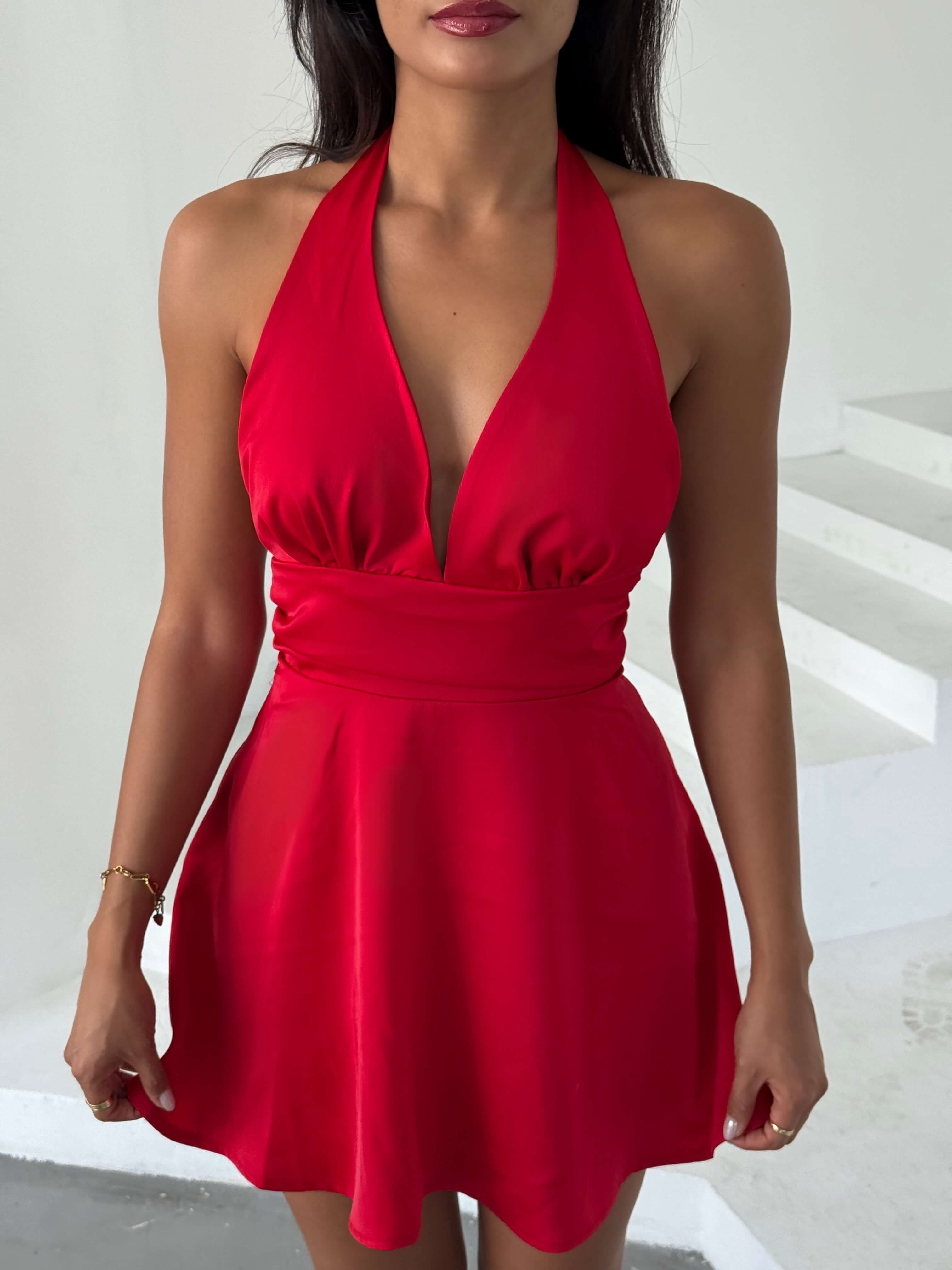 SONA RED SATEN ELBİSE