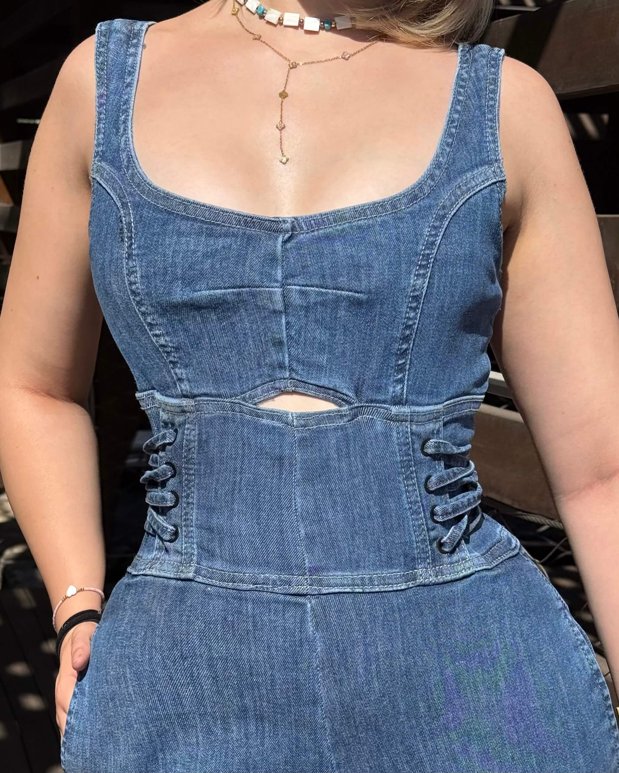 CLAVA BLUE YAN BAĞCIK DETAY KOT TULUM