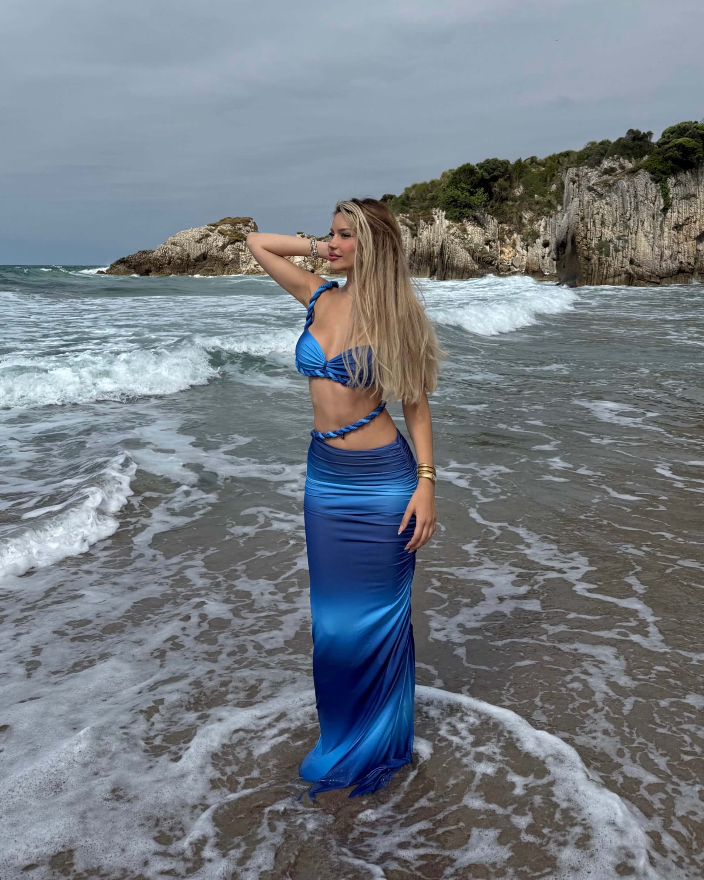 MESYA BLUE DEGRADE ÖRGÜ DETAY BÜSTİYER ETEK TAKIM