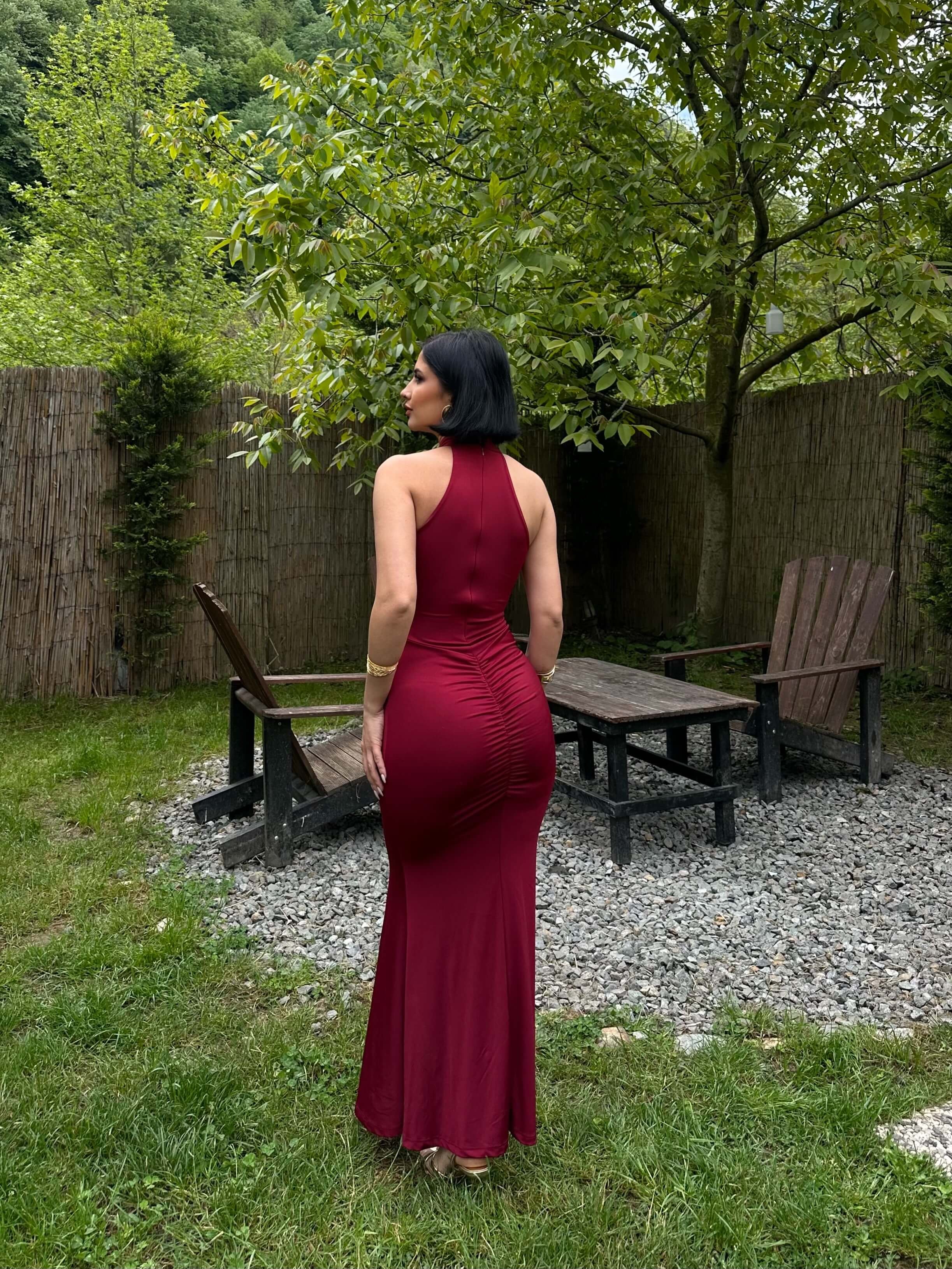 BLAME CLARET RED HALTER YAKA YIRTMAÇLI ELBİSE