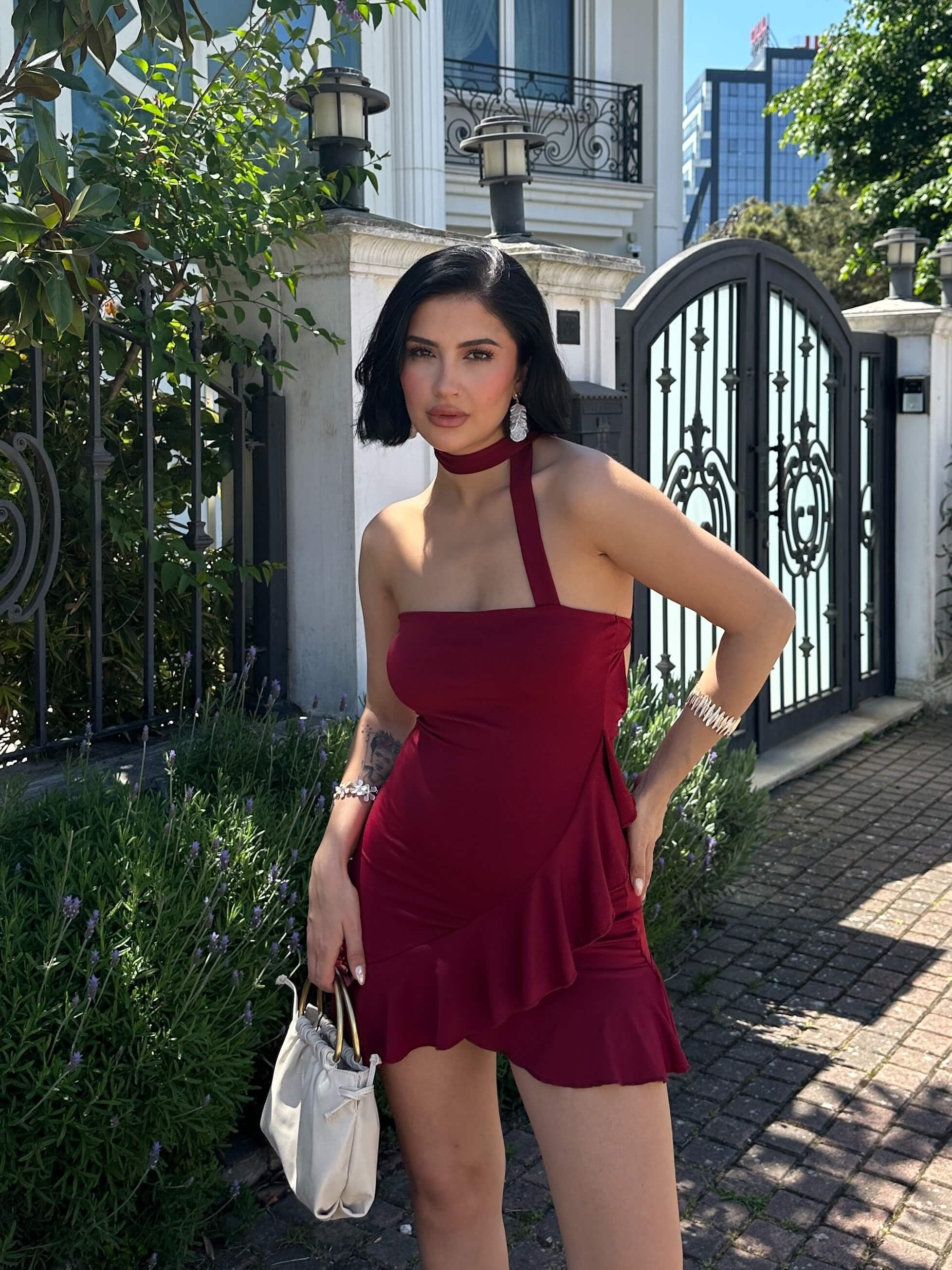 DOLES CLARET RED FIRFIR DETAY BOYUNDAN BAĞLAMALI ELBİSE
