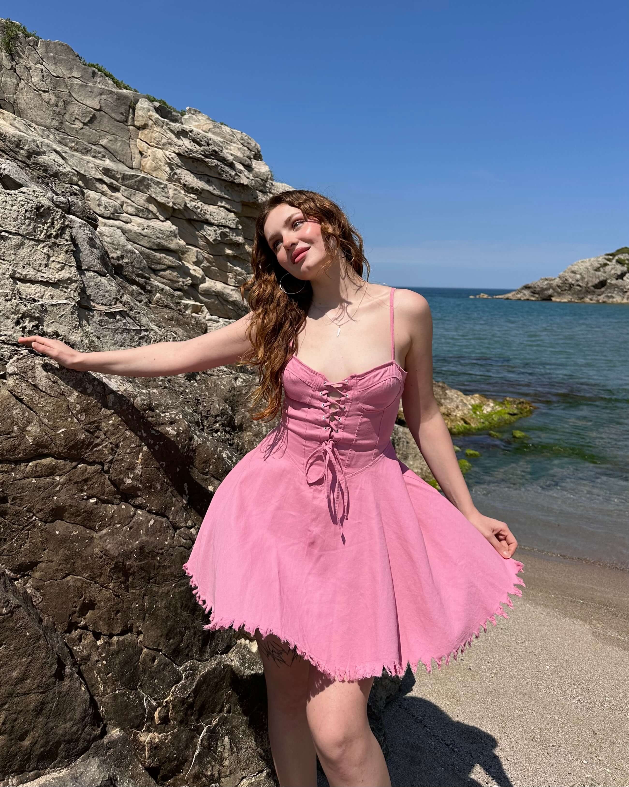 MONDSON PINK ÖNÜ BAĞLAMA DEYAY KOT ELBİSE