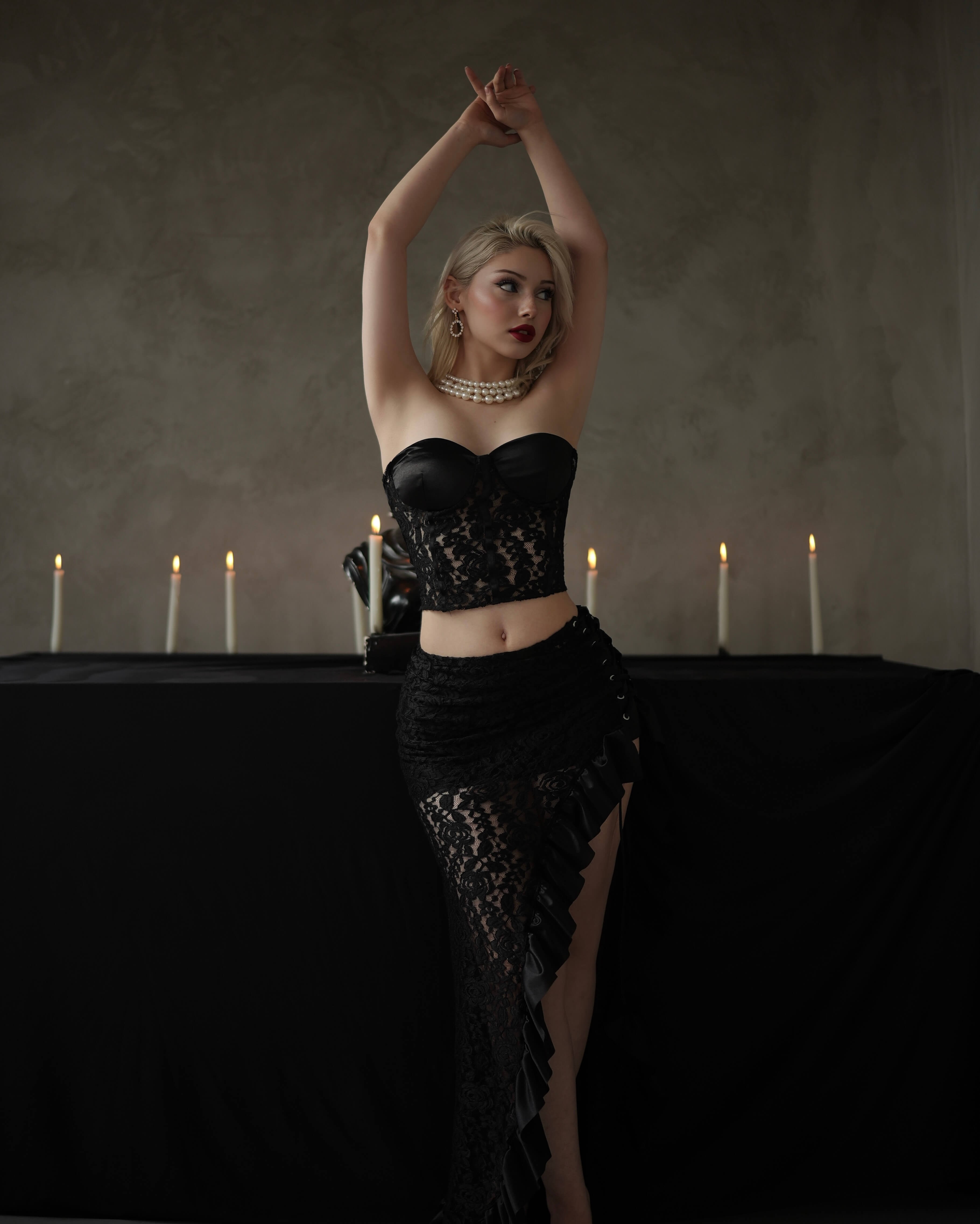 SERAFINA BLACK SATEN DANTELLİ ETEK BÜSTİYER TAKIM