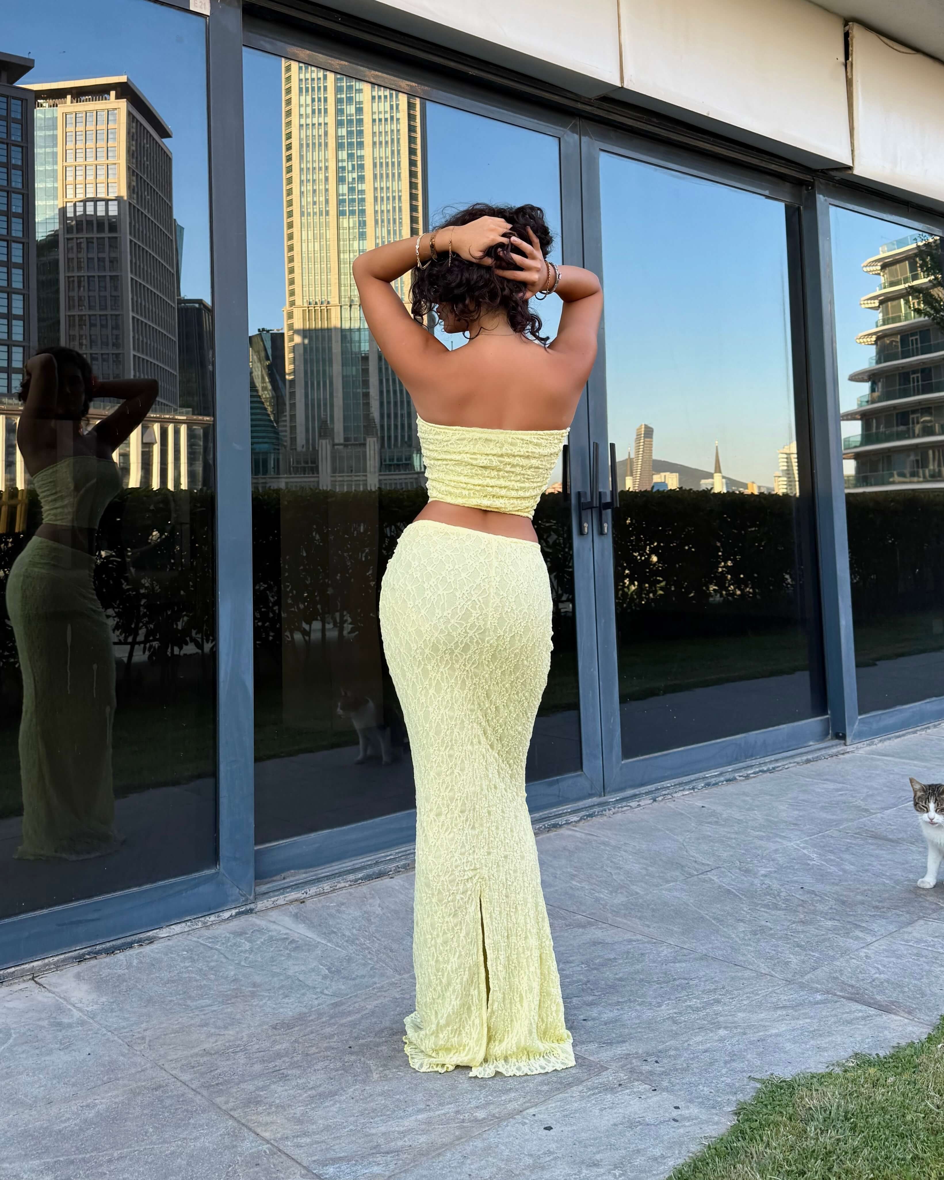 KUPPEL YELLOW DANTEL CROP UZUN ETEK TAKIM