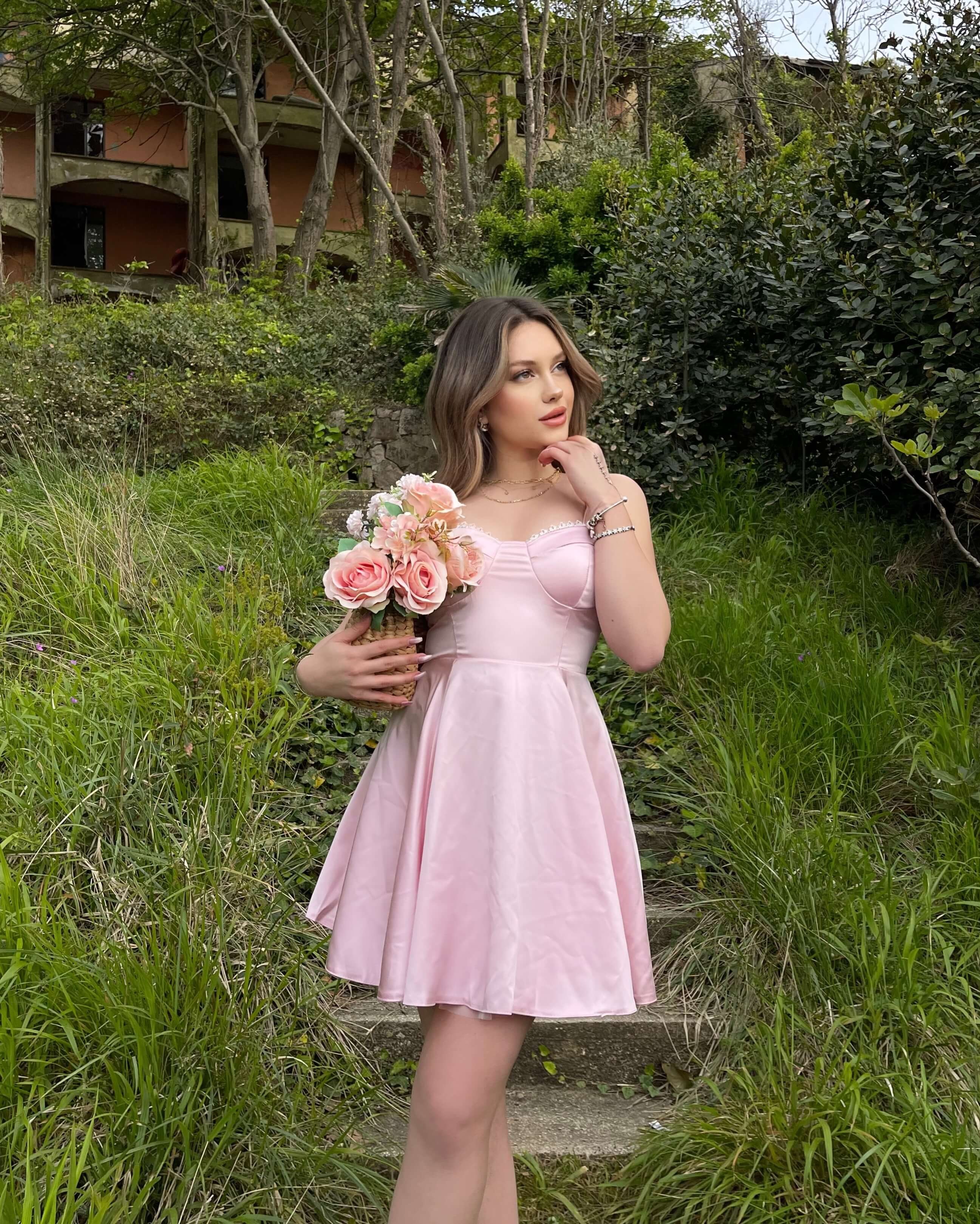 LEMANE PINK SATEN ASKILI MİNİ ELBİSE