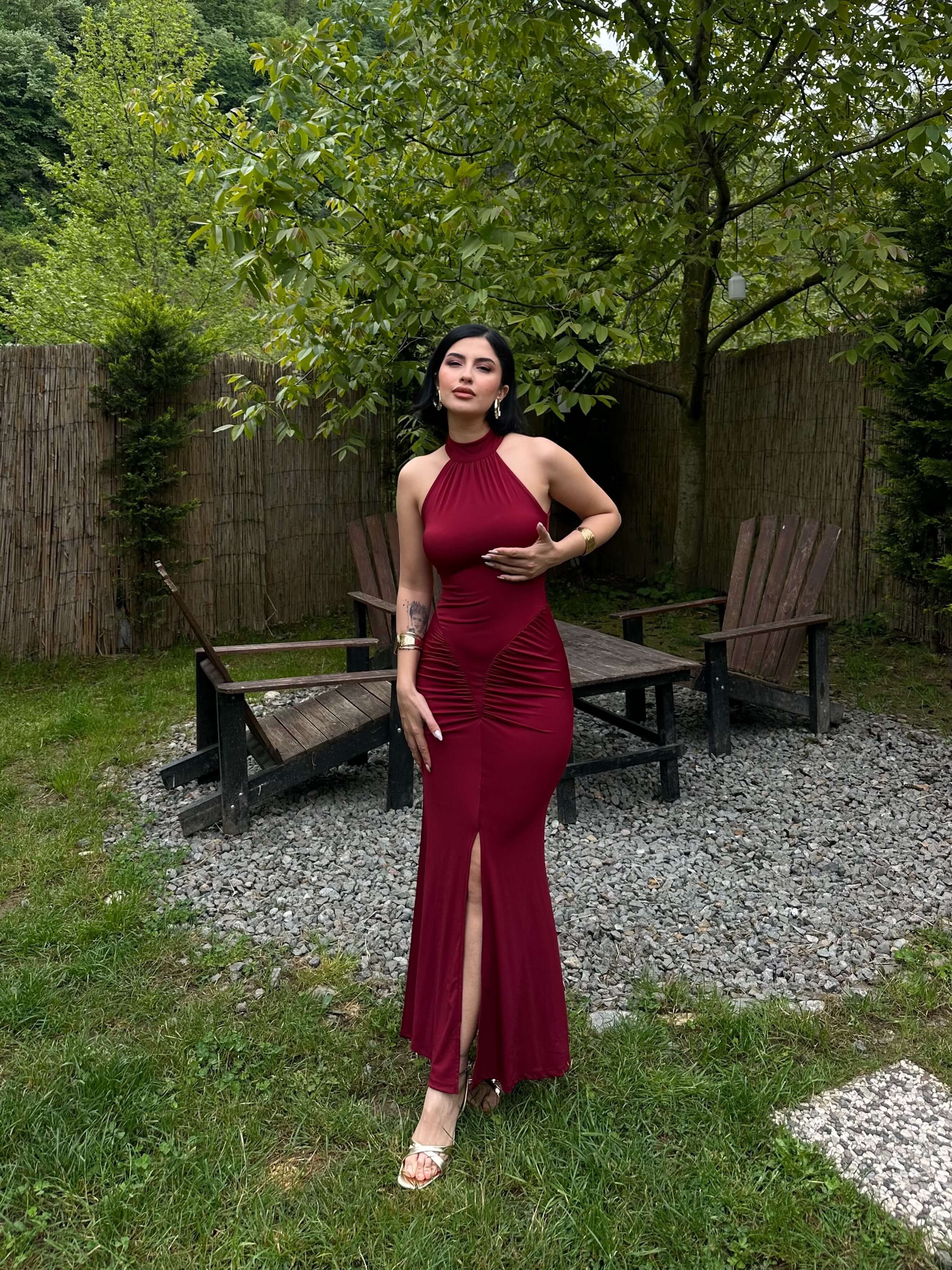 BLAME CLARET RED HALTER YAKA YIRTMAÇLI ELBİSE