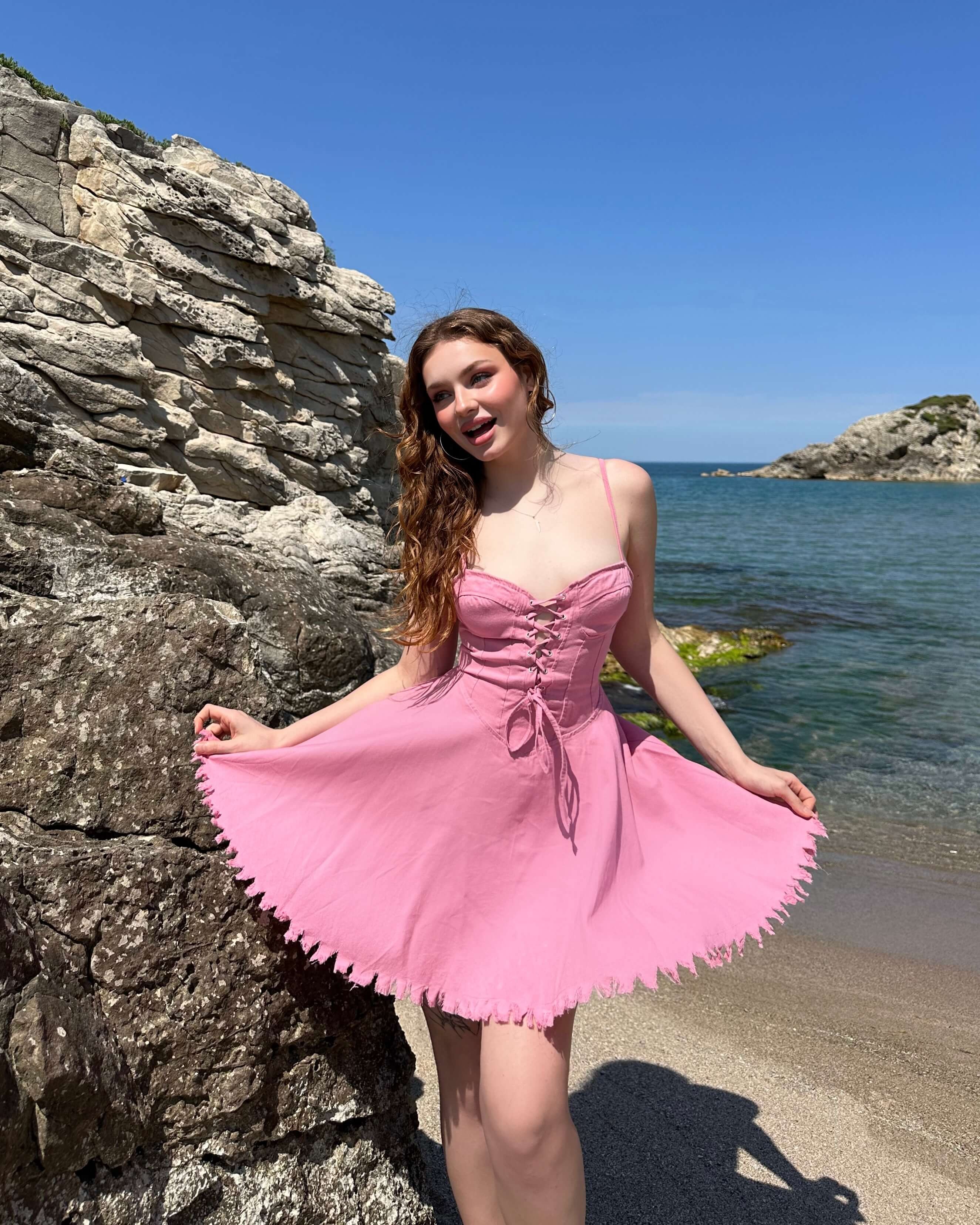 MONDSON PINK ÖNÜ BAĞLAMA DEYAY KOT ELBİSE