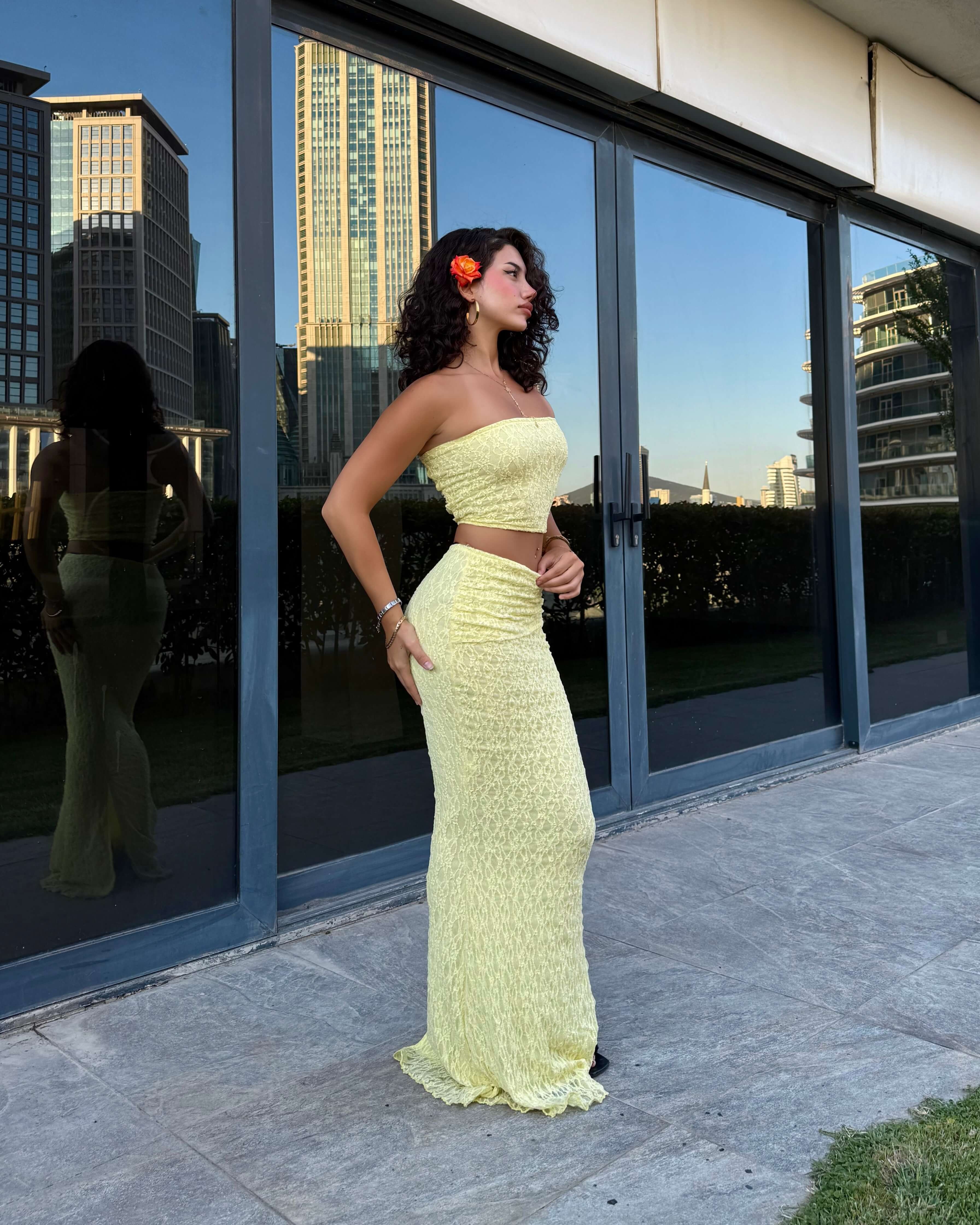 KUPPEL YELLOW DANTEL CROP UZUN ETEK TAKIM