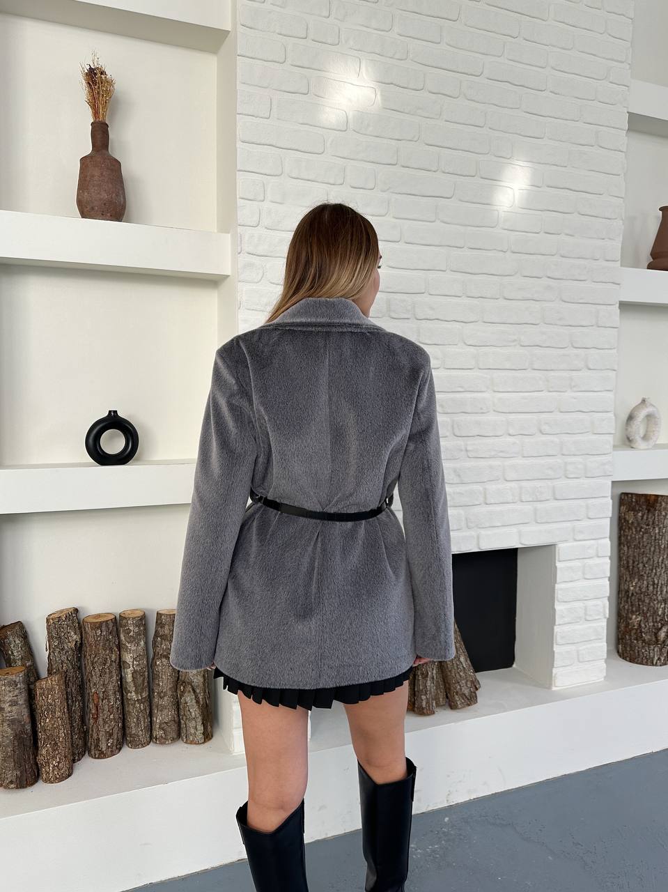 RUVES GREY TAY TÜYÜ KEMERLİ CEKET 