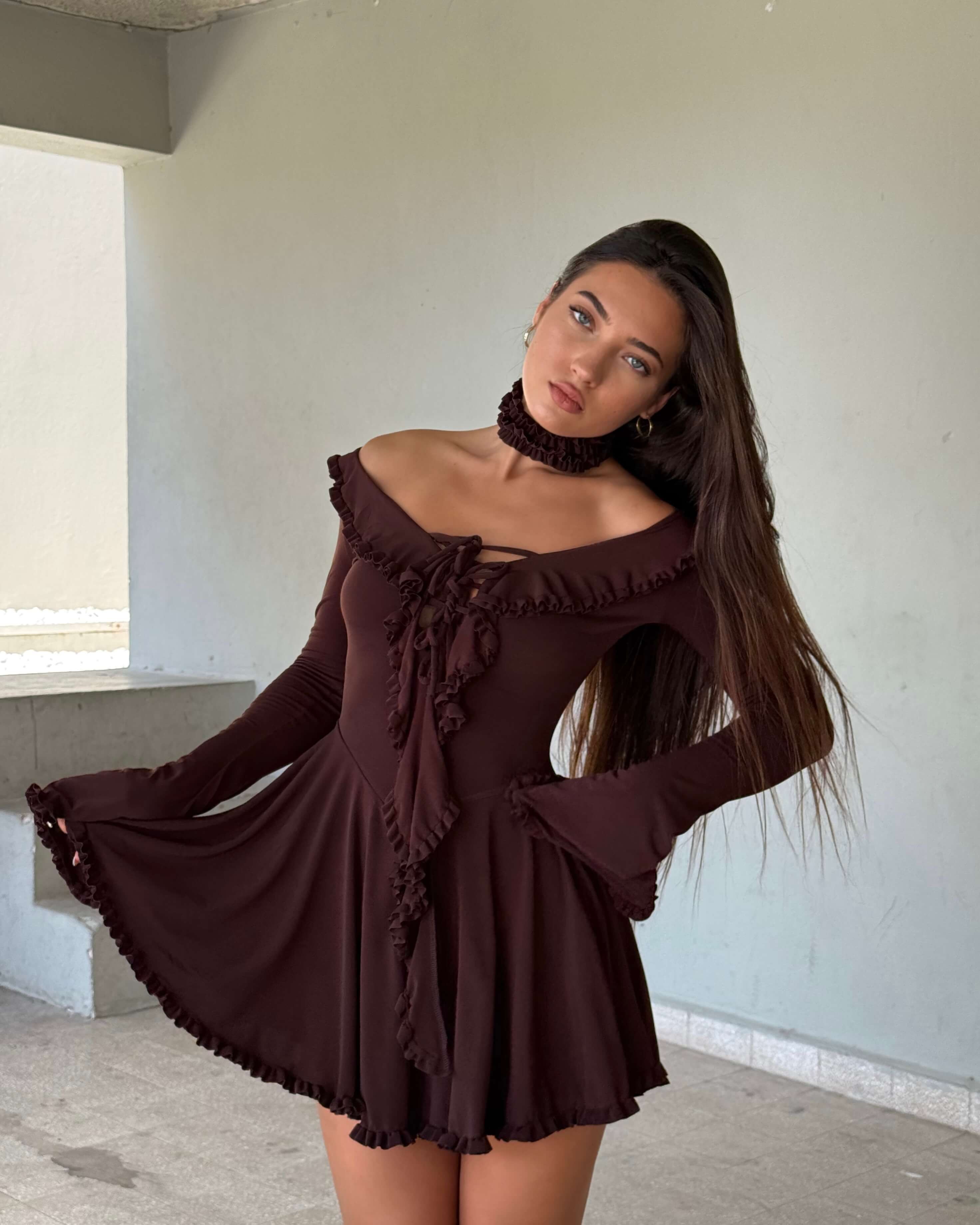 MİRA BROWN FIRFIR DETAY ELBİSE 