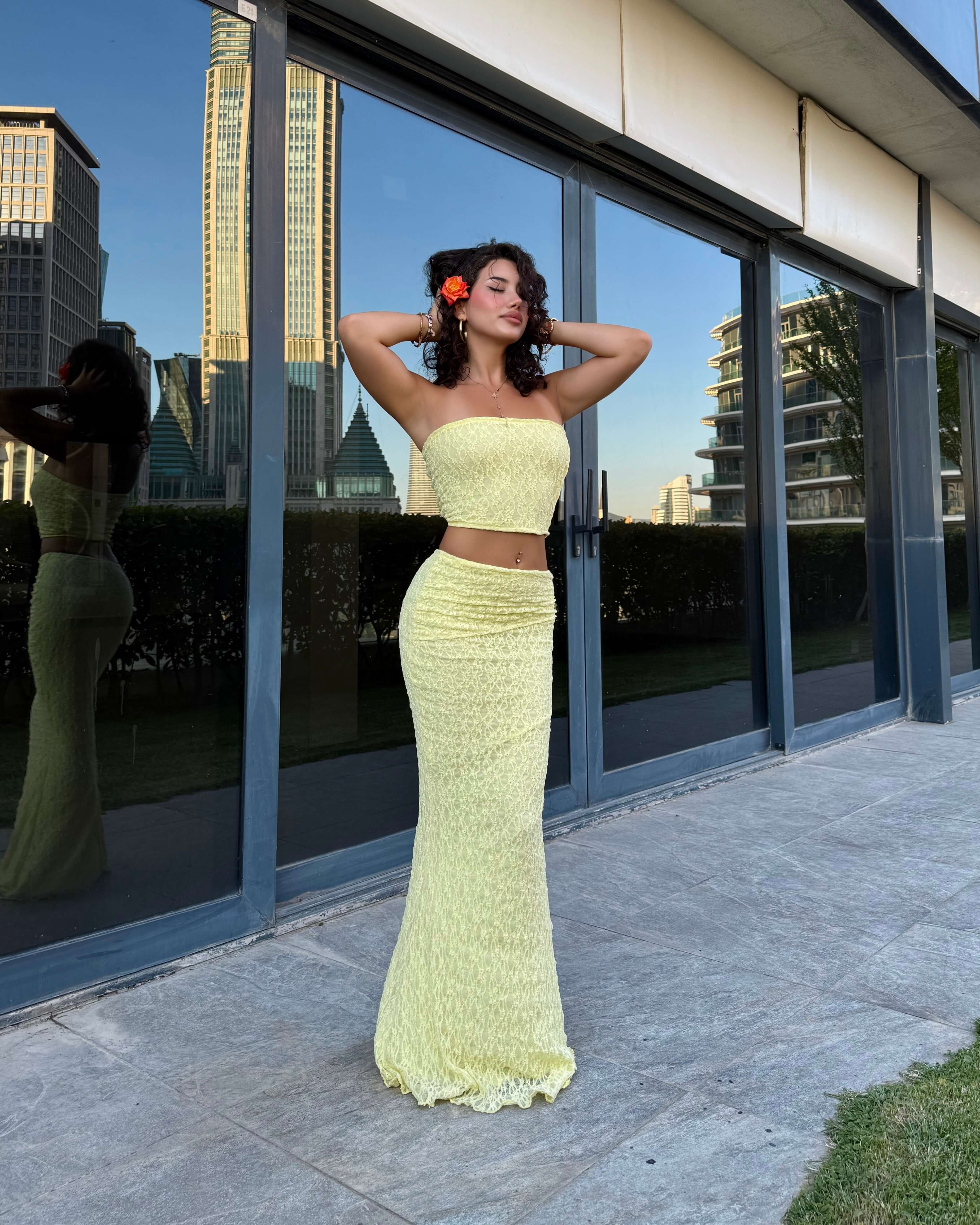 KUPPEL YELLOW DANTEL CROP UZUN ETEK TAKIM