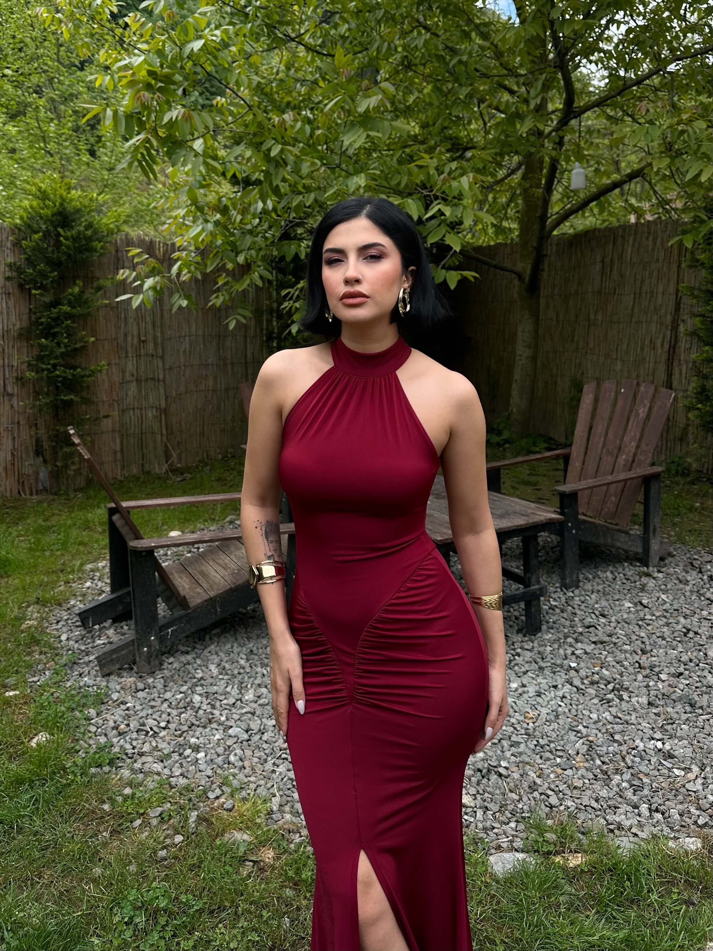 BLAME CLARET RED HALTER YAKA YIRTMAÇLI ELBİSE