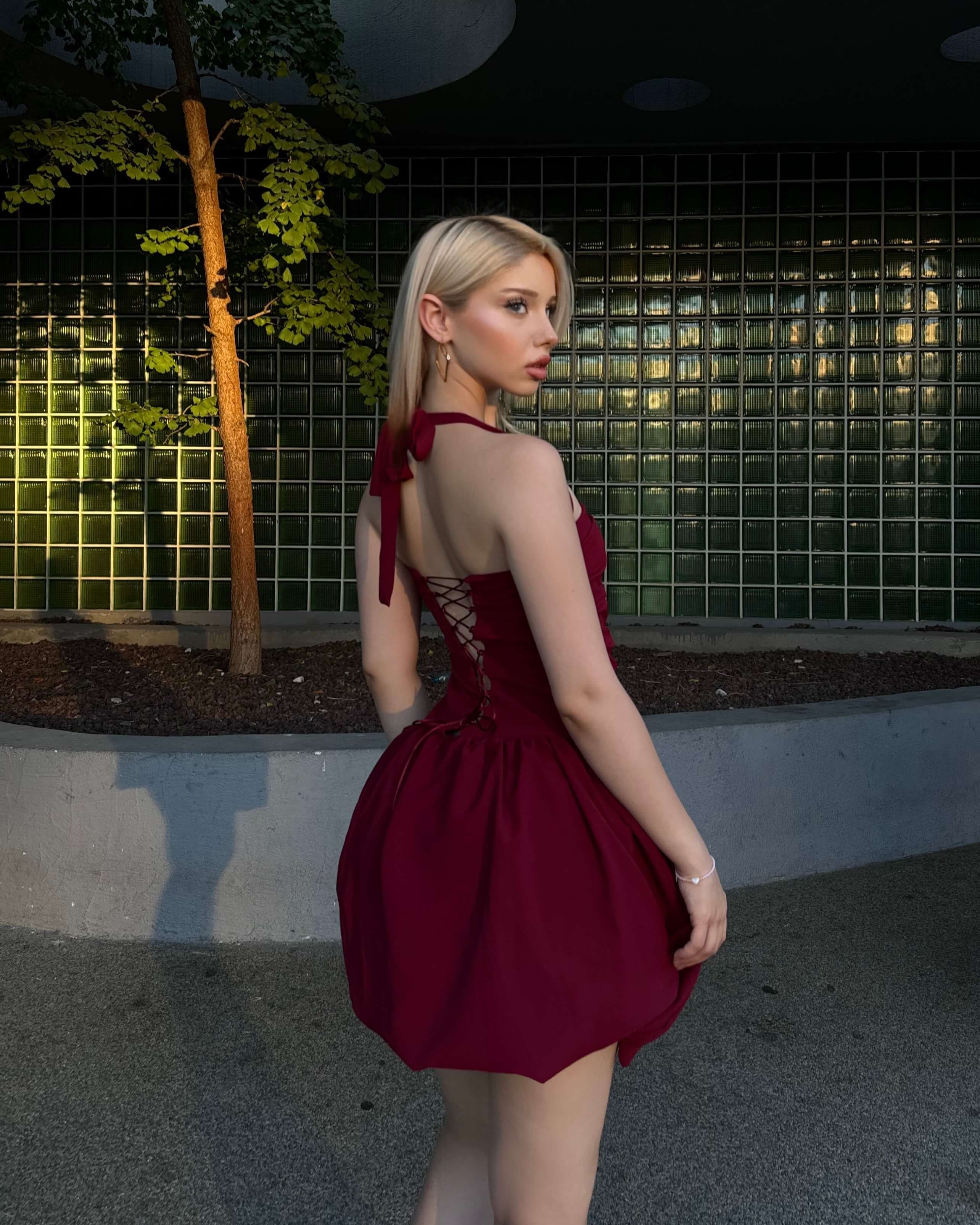 ELAINE CLARET RED BAĞLAMALI ELBİSE
