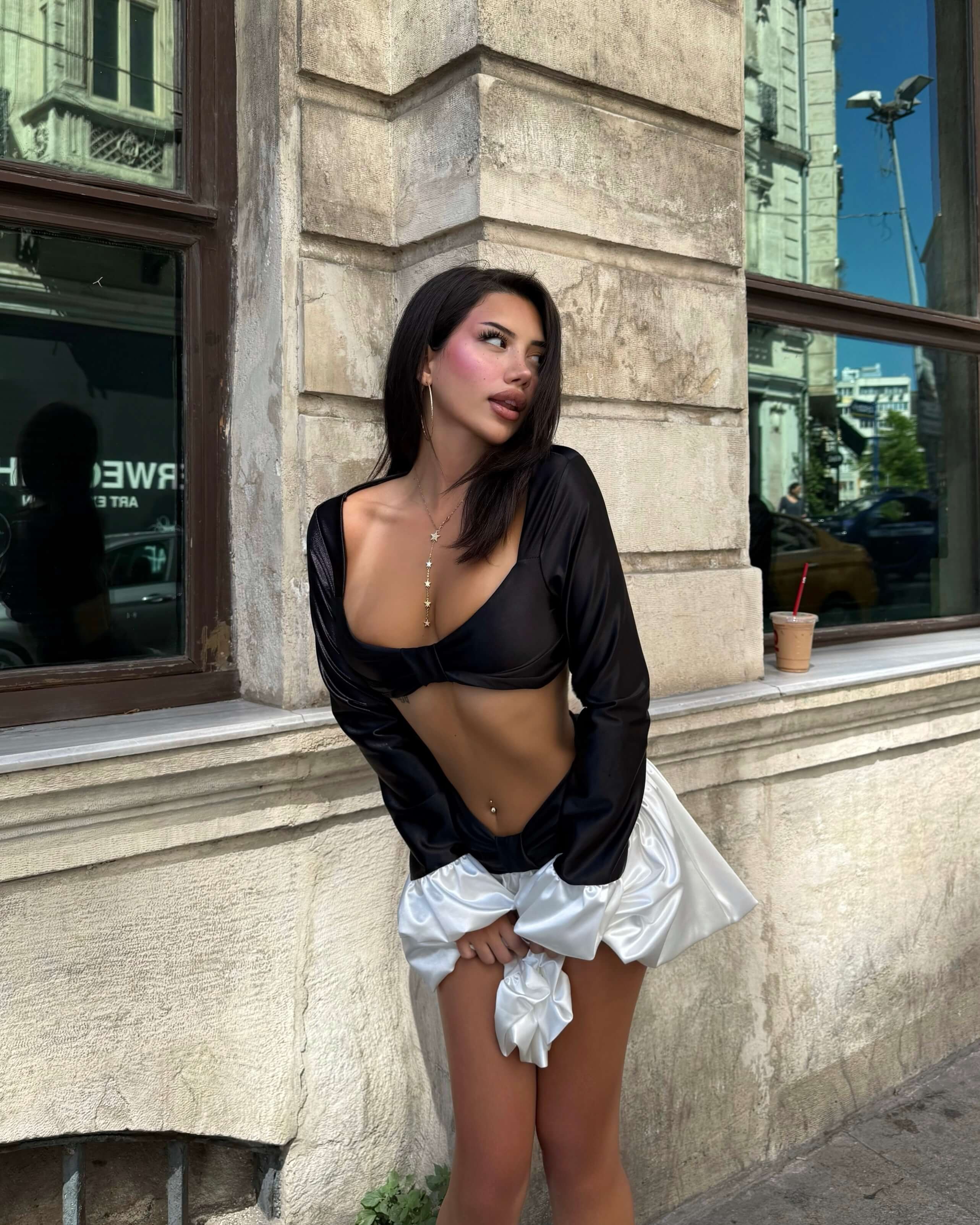 ZEAK BLACK SATEN ÖNDEN BÜZGÜLÜ CROP ETEK TAKIM