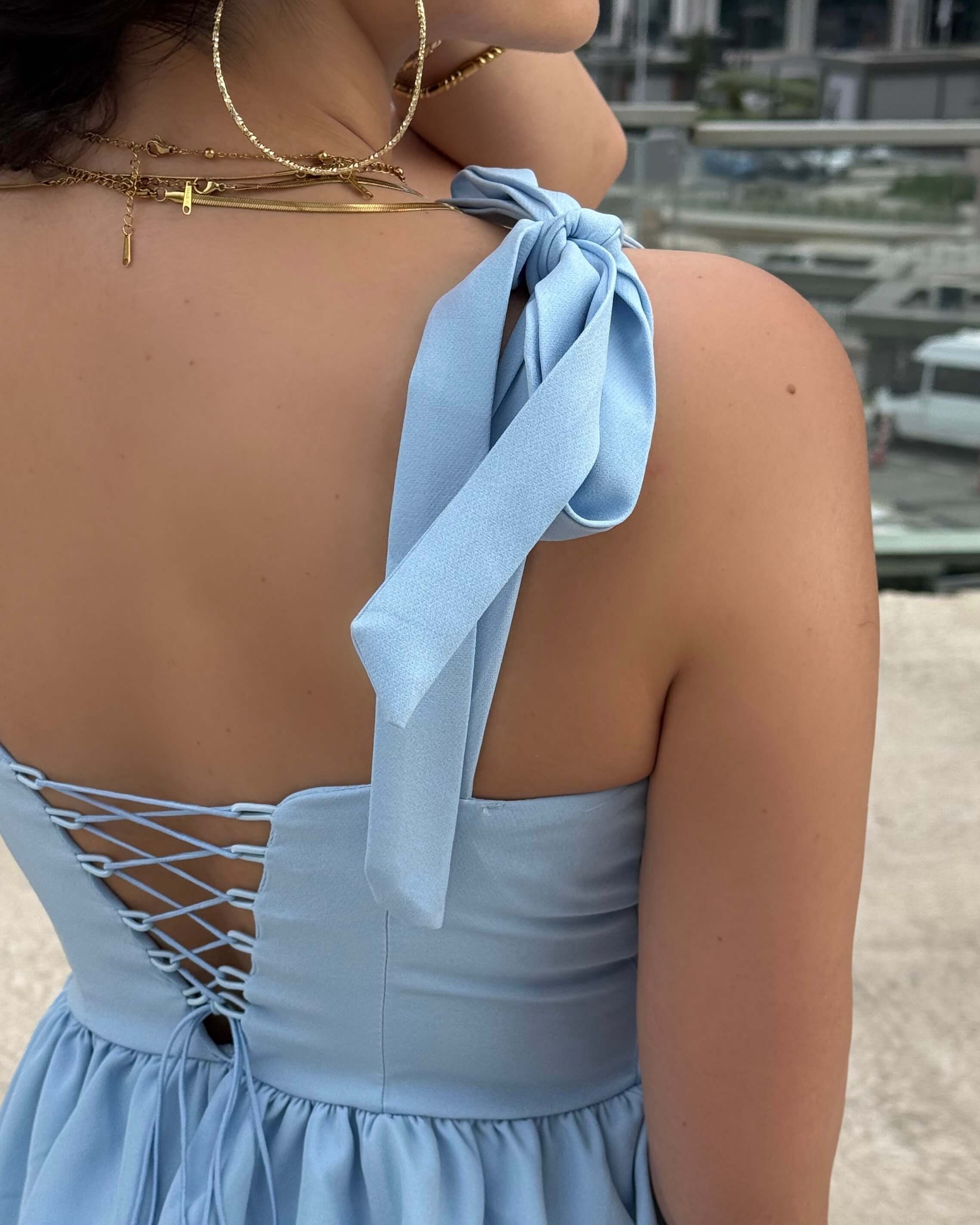ASCEN POWDER BLUE GÖĞÜS DRAPE DETAY PİLELİ MİNİ ELBİSE