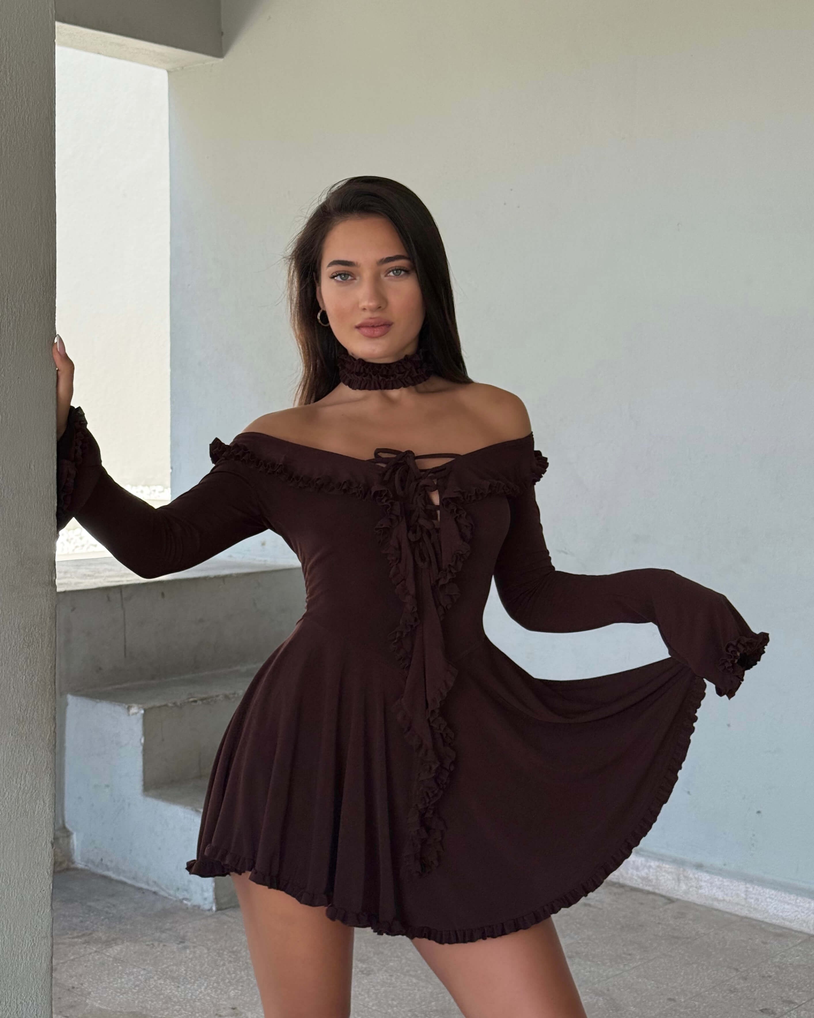 MİRA BROWN FIRFIR DETAY ELBİSE 
