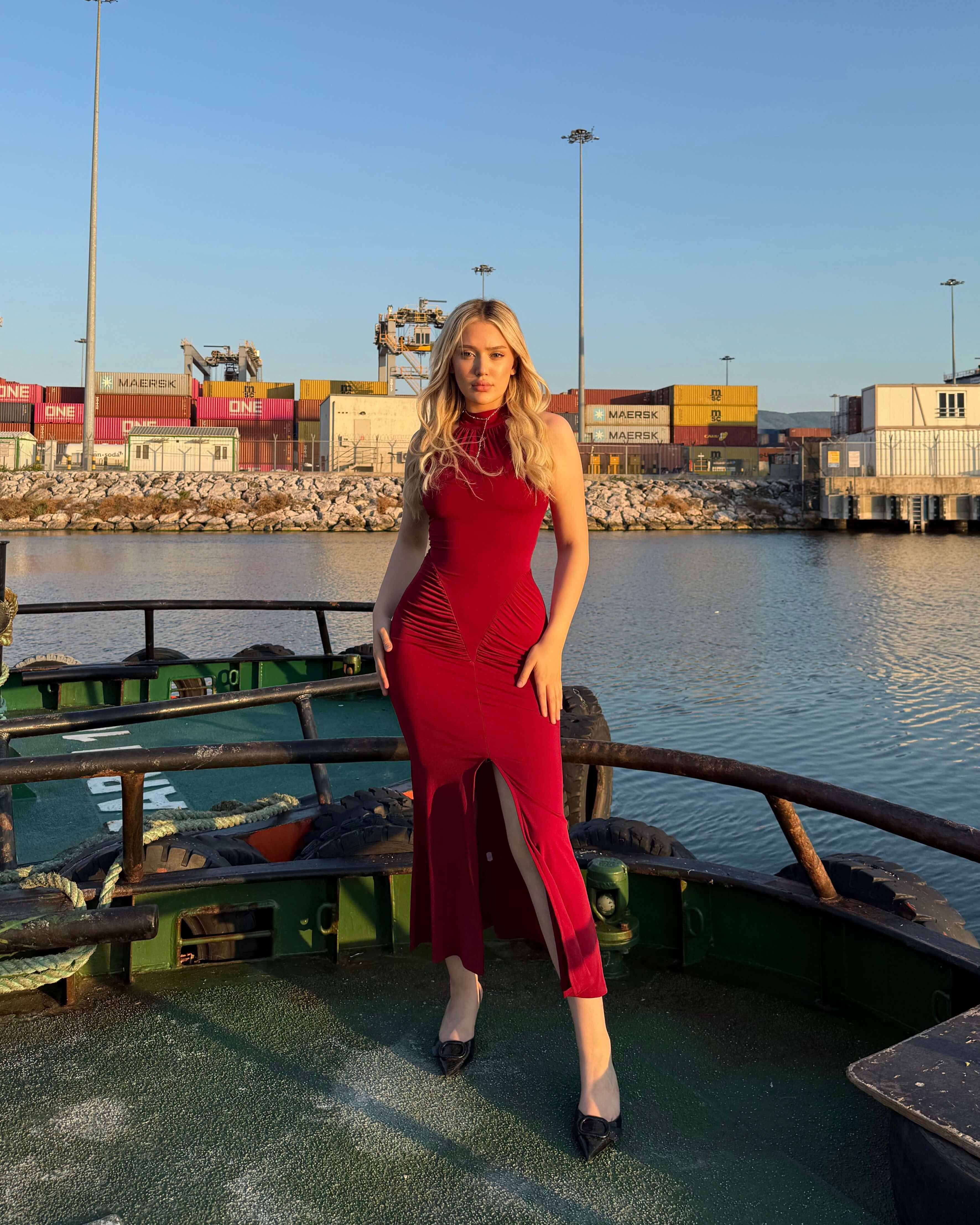BLAME CLARET RED HALTER YAKA YIRTMAÇLI ELBİSE