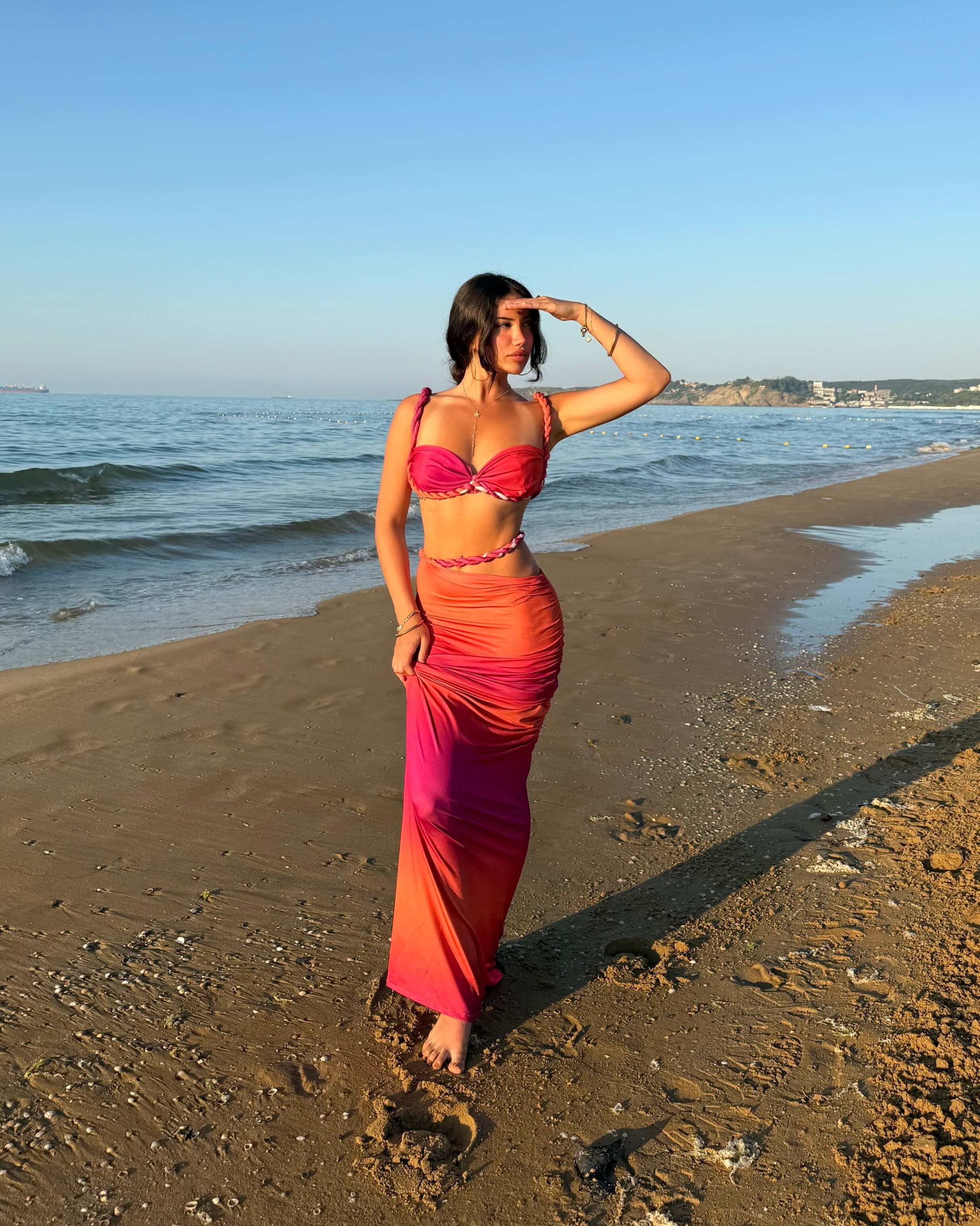 MESYA PINK-ORANGE ÖRGÜ DETAY BÜSTİYER ETEK TAKIM