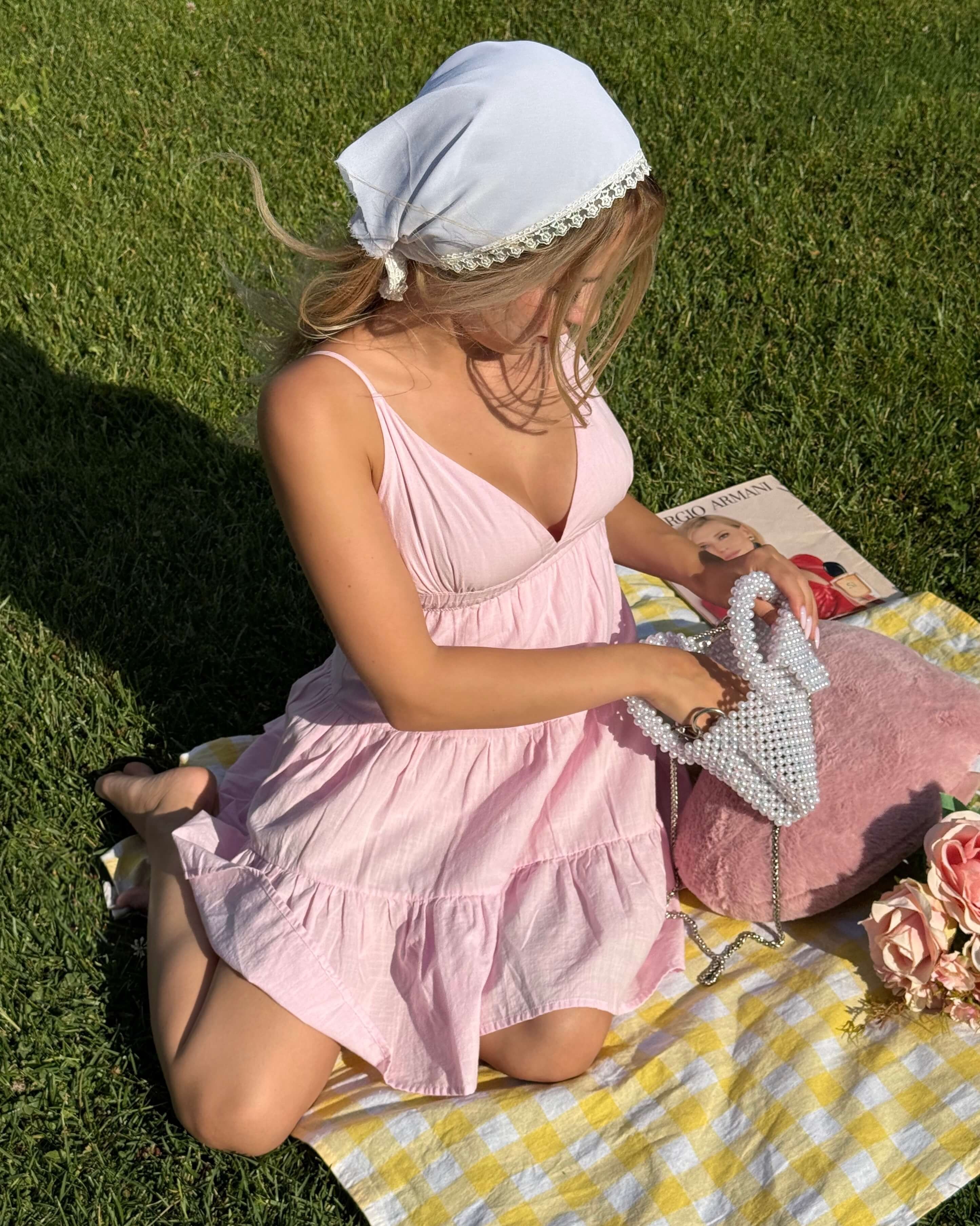 SRUHE PINK ARKASI BAĞCIKLI KETEN ELBİSE