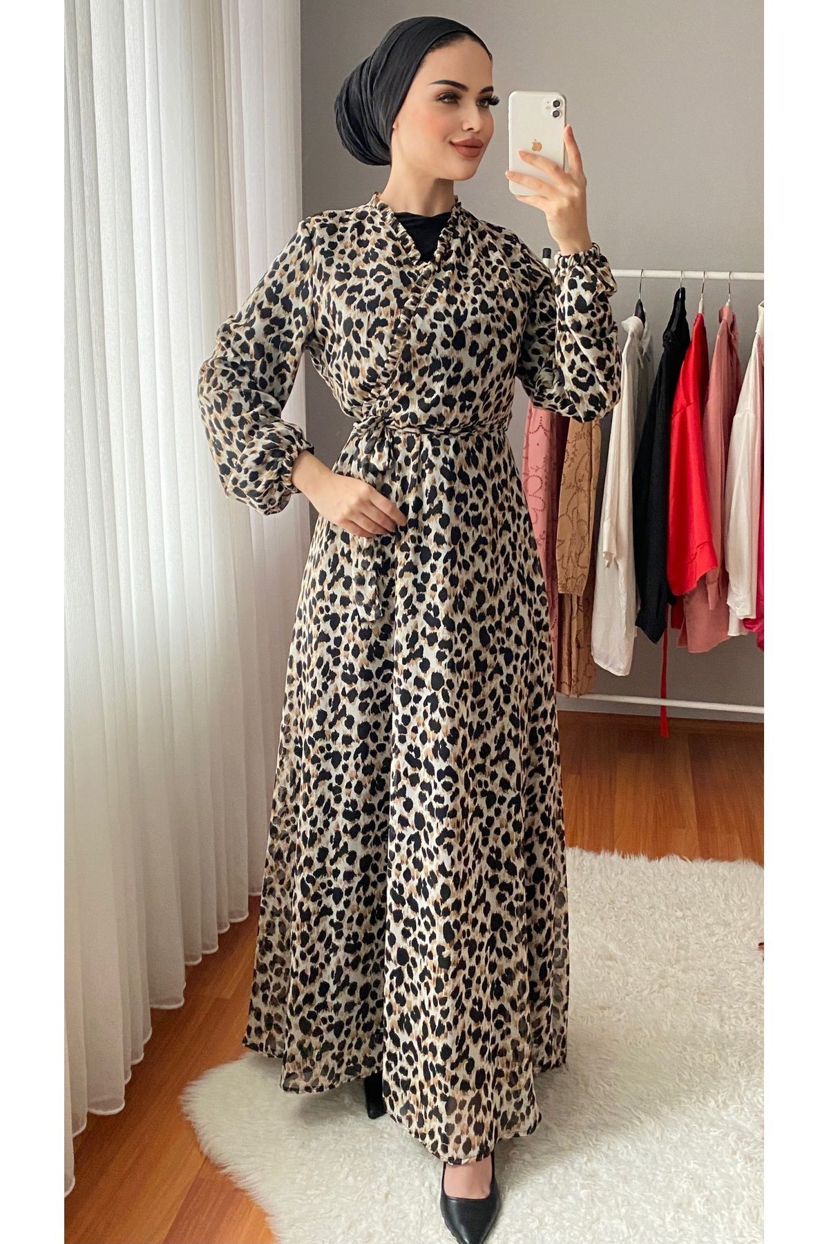 KRUVAZE YAKA LEOPAR DESEN ŞİFON ELBİSE