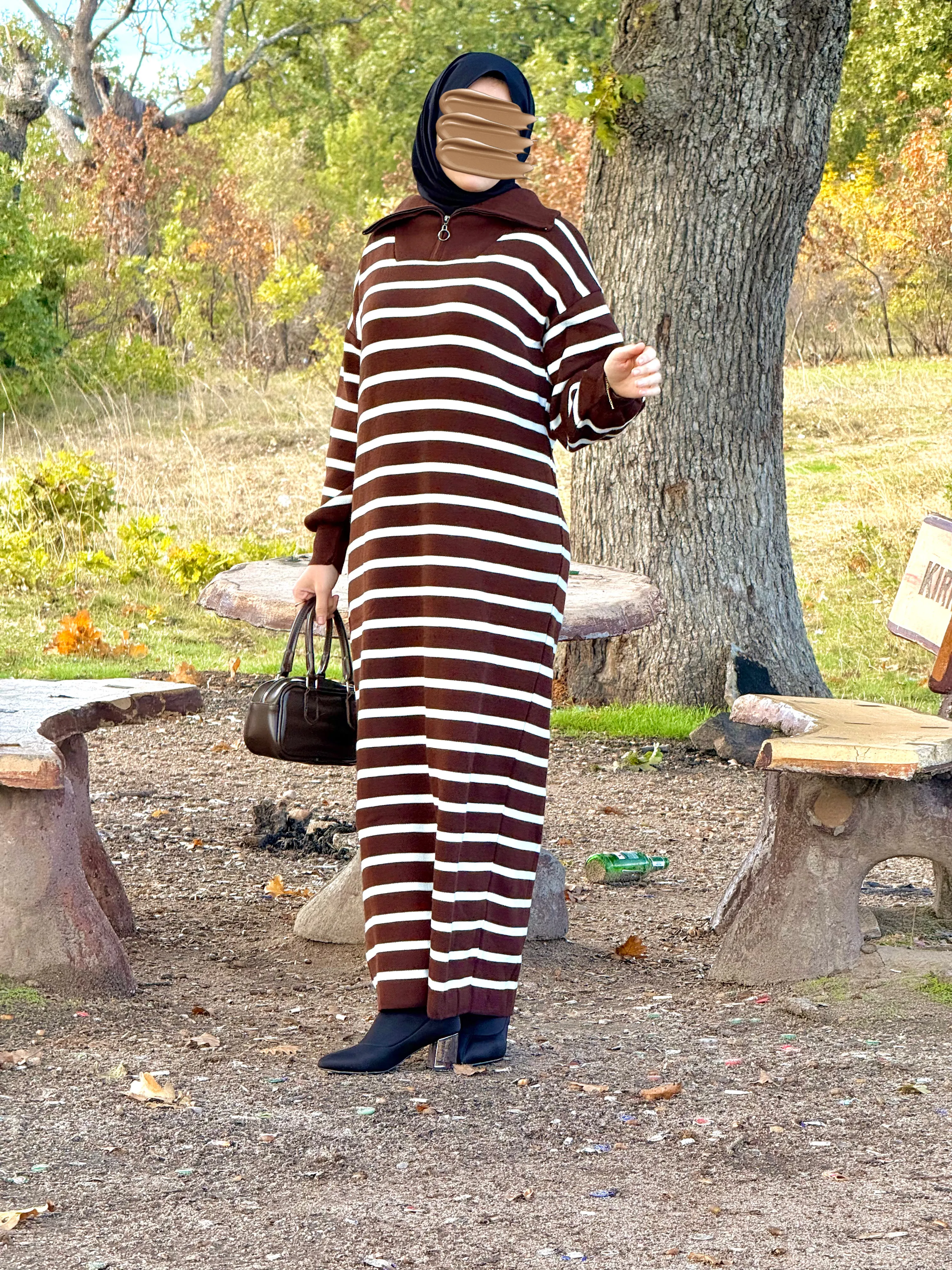 Ankanoor Fermuar Yakalı Çizgili Triko Elbise ANKA252009 - kahve