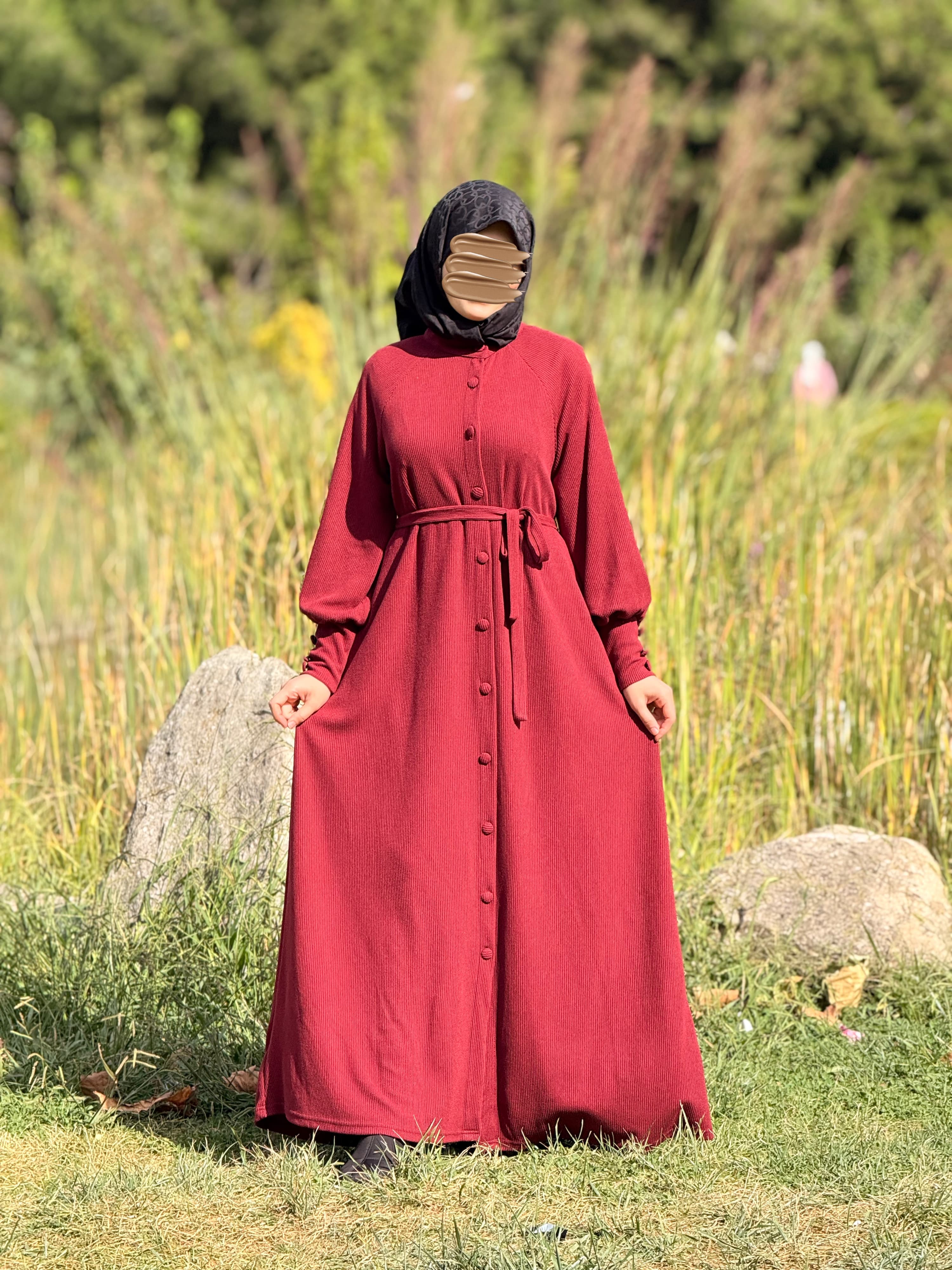 Ankanoor Reglan Kollu Kaplama Düğmeli Örme Ferace ANKA255107 - bordo