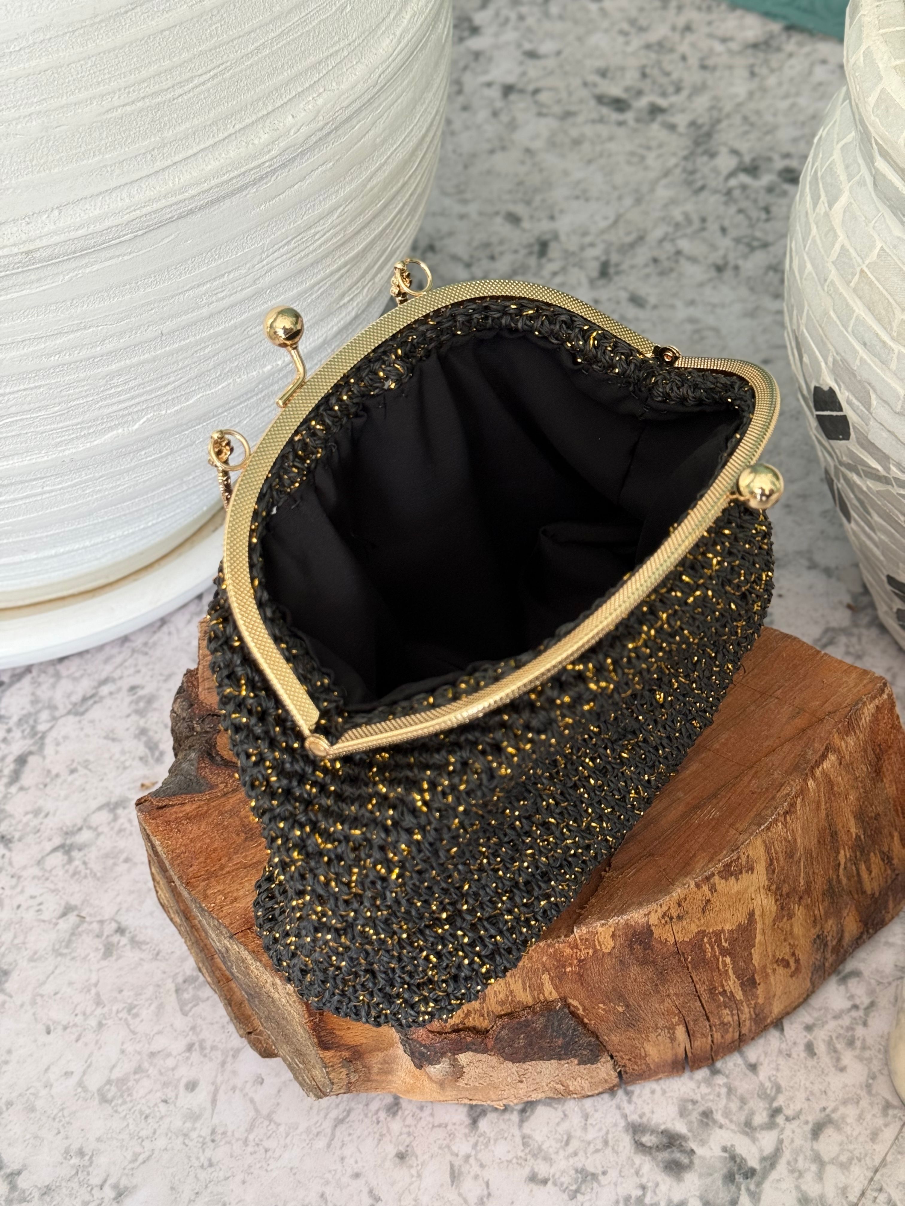 Metal Burslu Hasır Oval Clutch Çanta