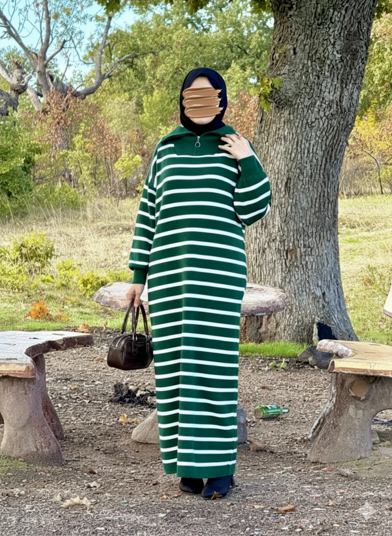 Ankanoor Fermuar Yakalı Çizgili Triko Elbise ANKA252009 - zümrüt