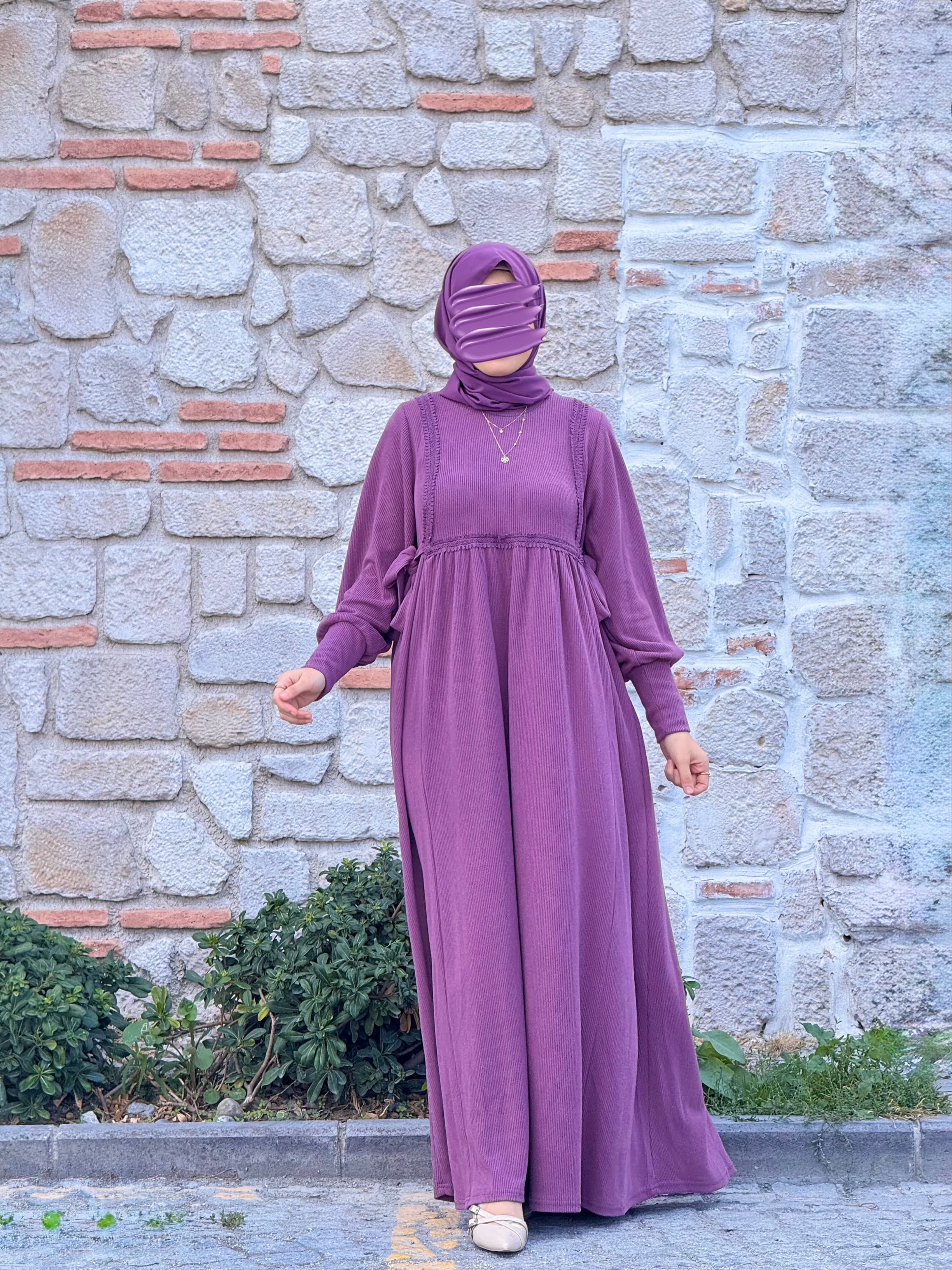 Ankanoor Yandan Bağlamalı Dantelli Örme Elbise Anka255105 - mor