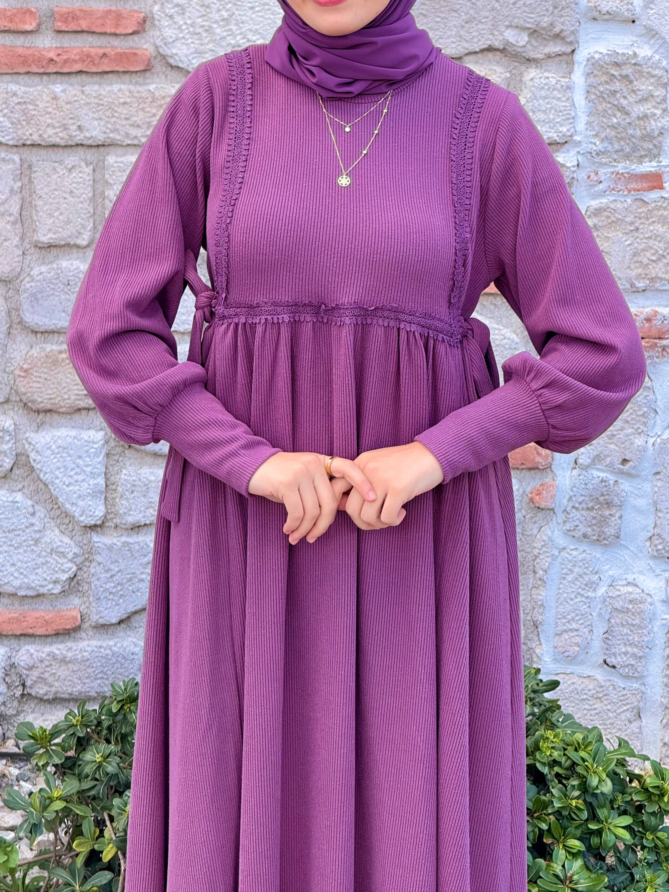 Ankanoor Yandan Bağlamalı Dantelli Örme Elbise Anka255105