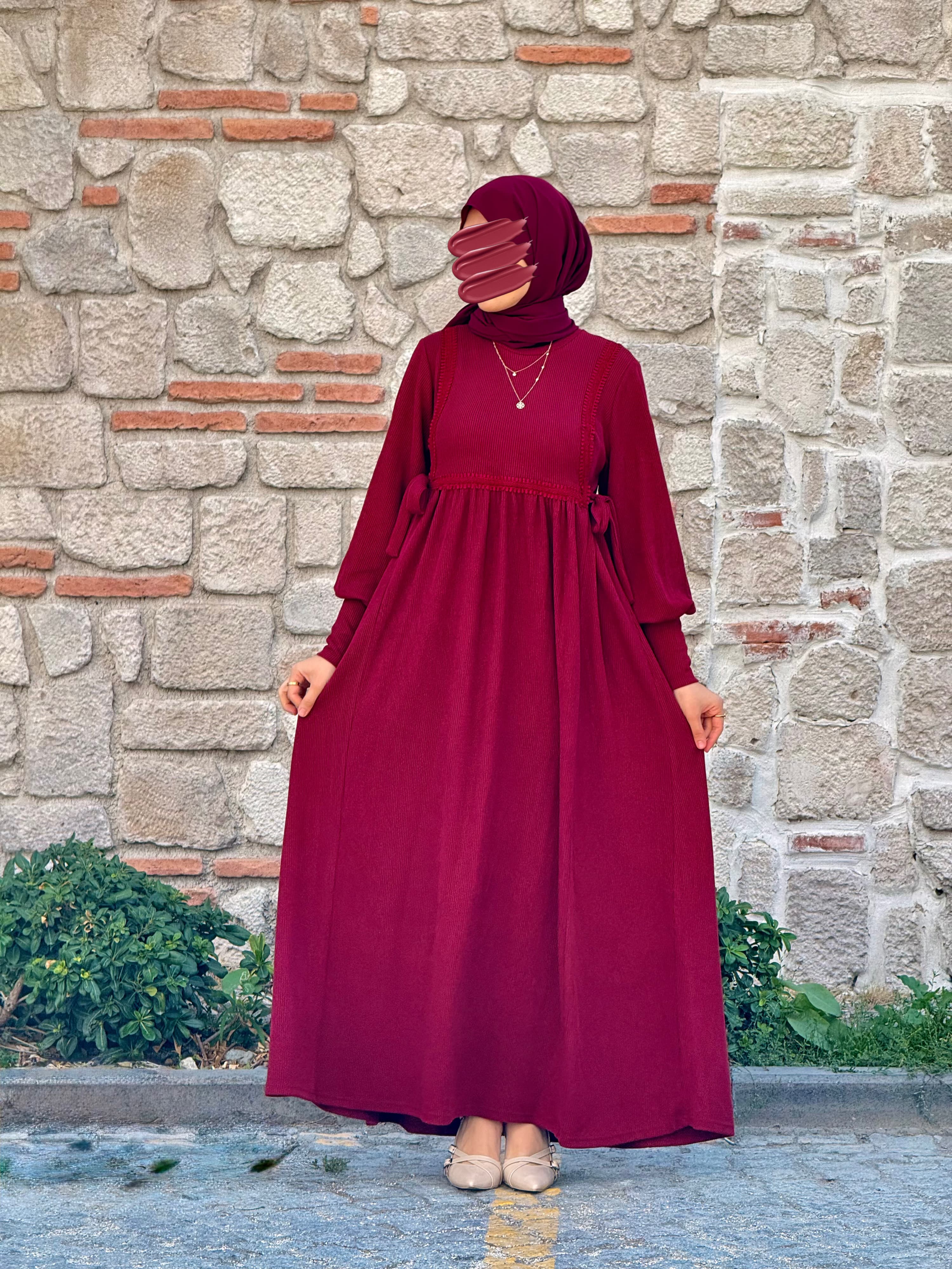 Ankanoor Yandan Bağlamalı Dantelli Örme Elbise Anka255105 - bordo