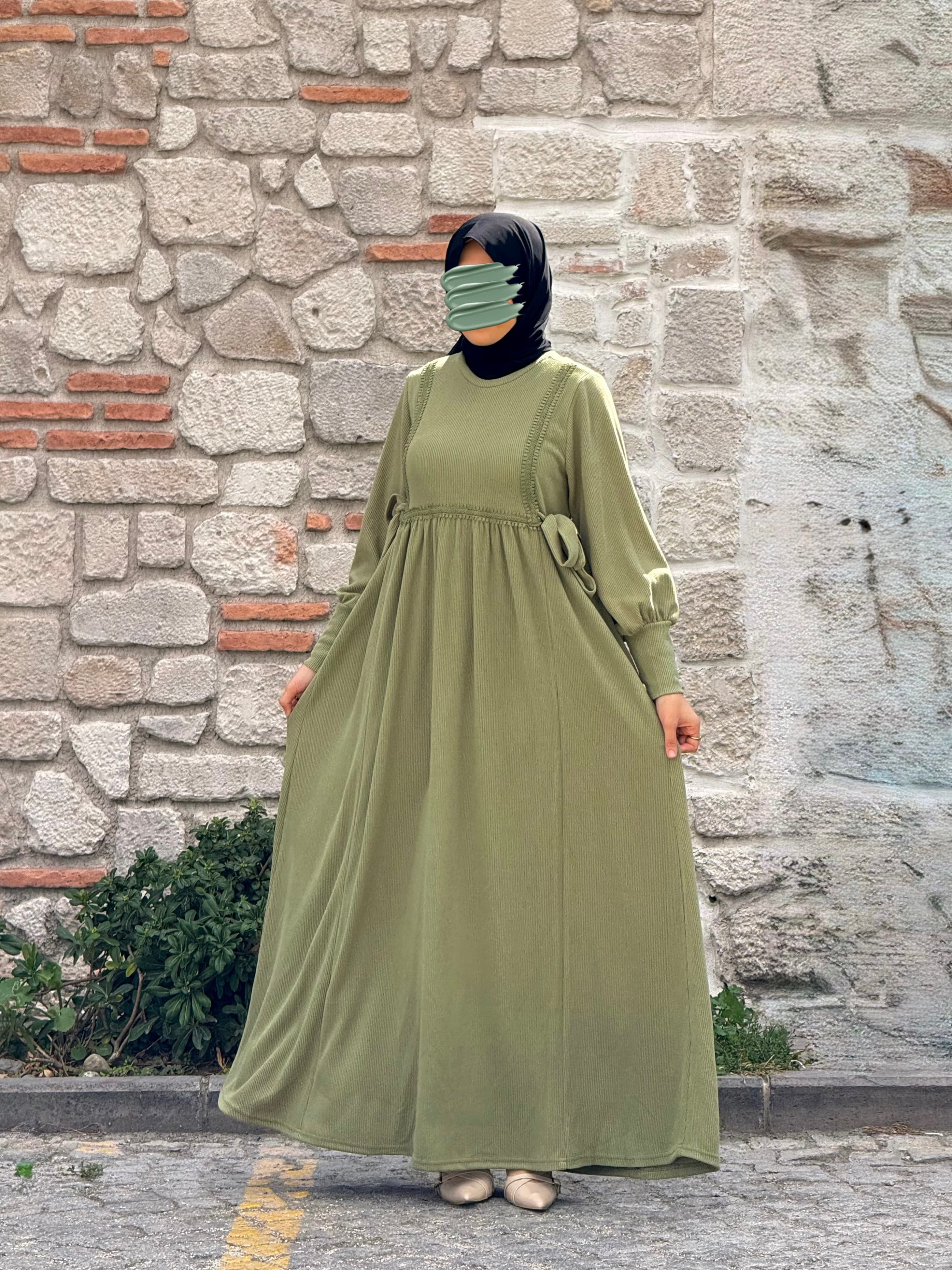 Ankanoor Yandan Bağlamalı Dantelli Örme Elbise Anka255105 - fıstık yeşili