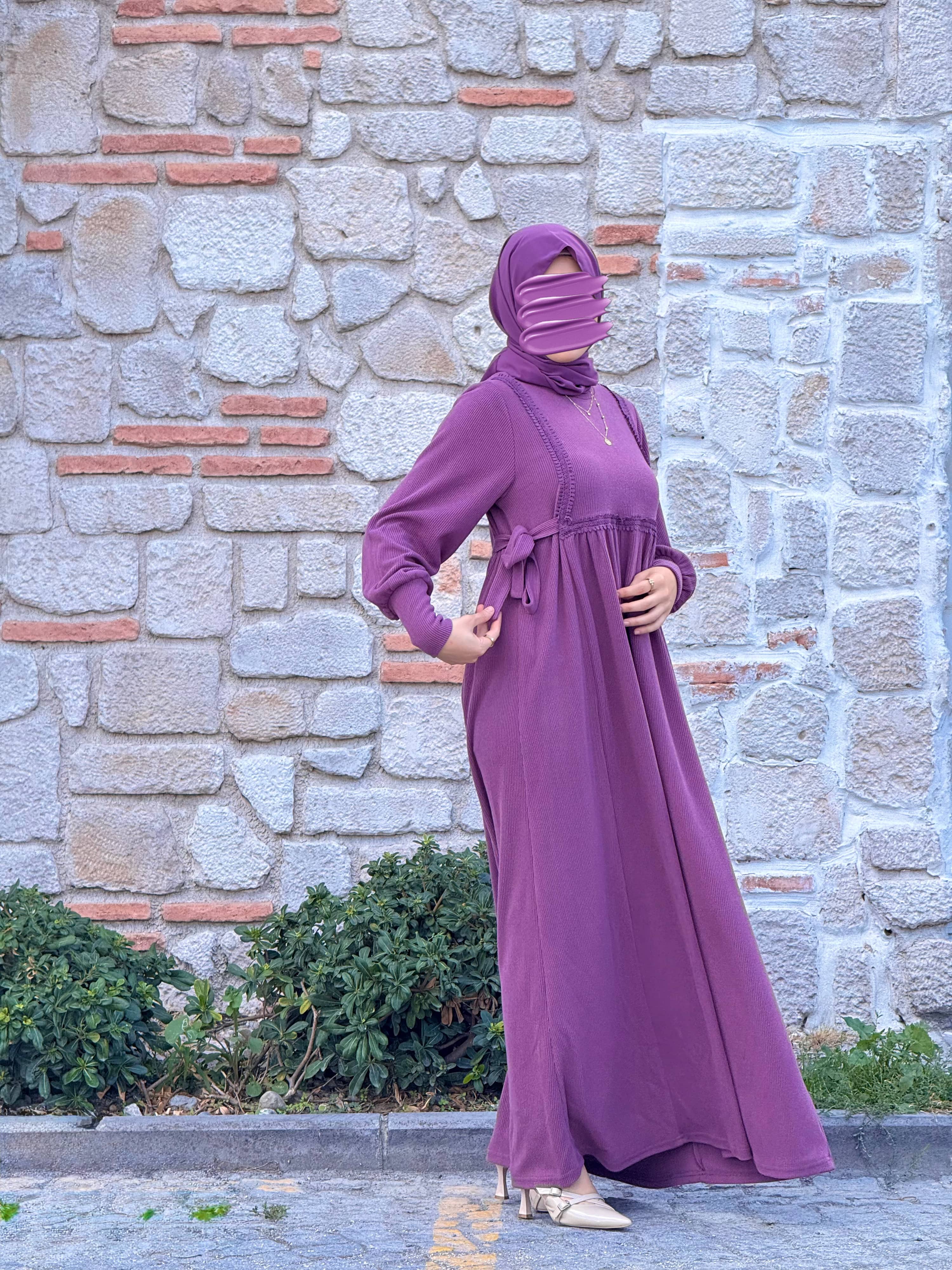 Ankanoor Yandan Bağlamalı Dantelli Örme Elbise Anka255105