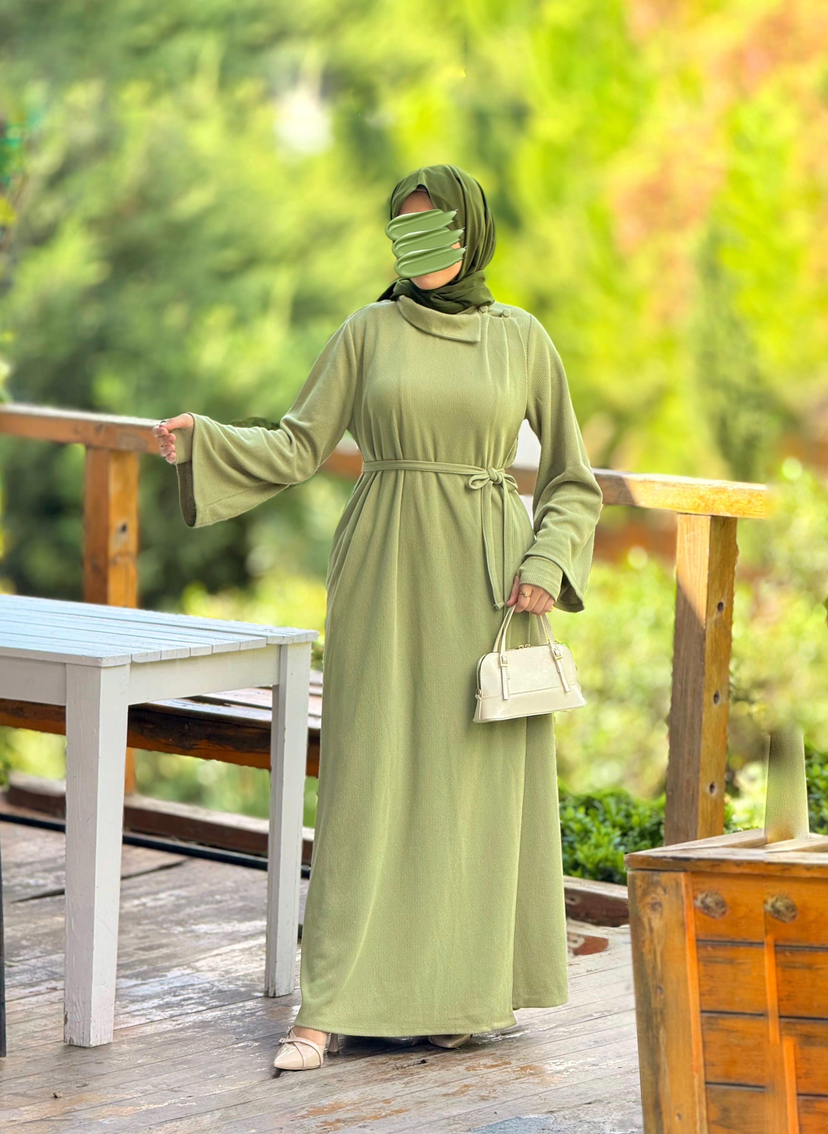 Ankanoor Anvelop Kolluklu Örme Ferace&Elbise Anka255103 - fıstık yeşili