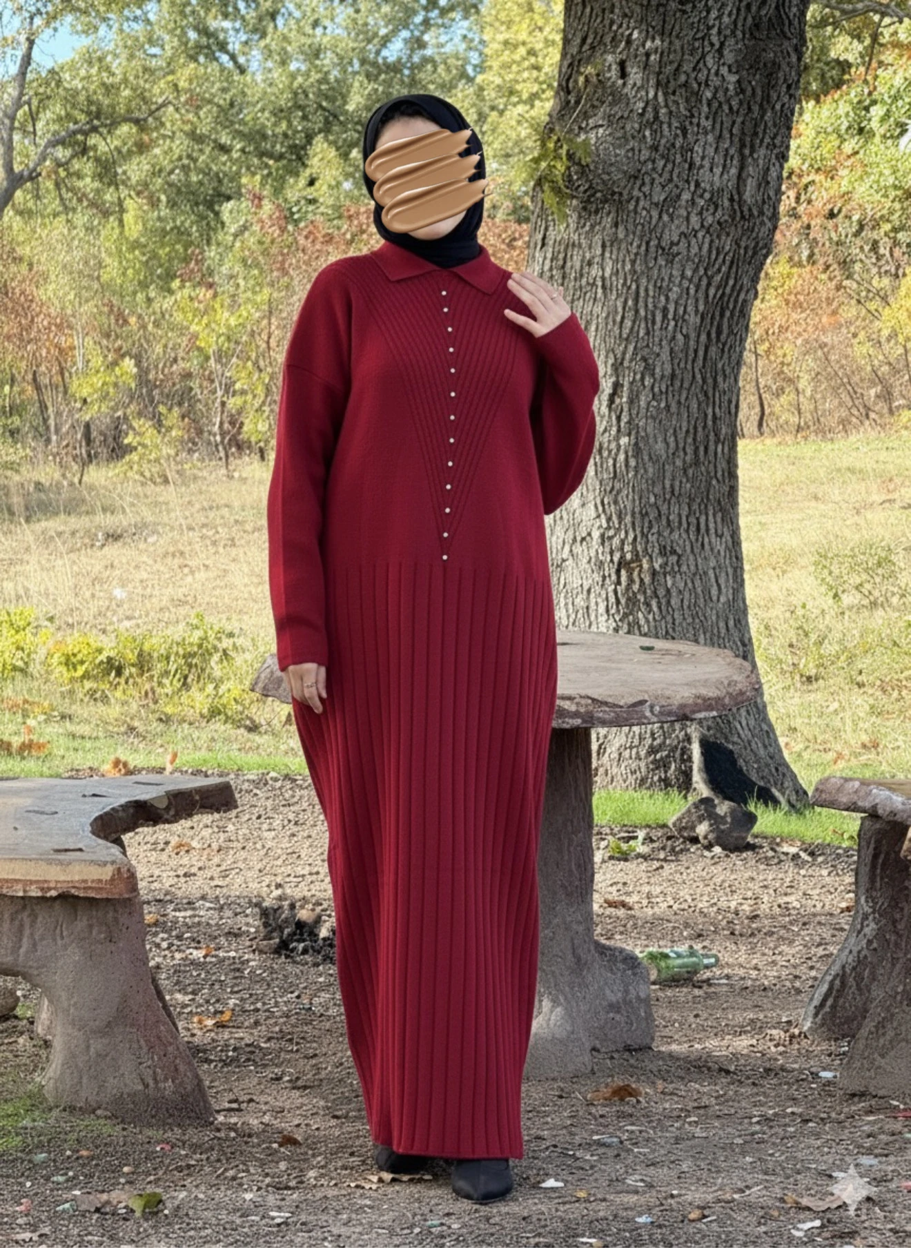 Ankanoor Taş Detaylı Triko Elbise ANKA252011 - bordo