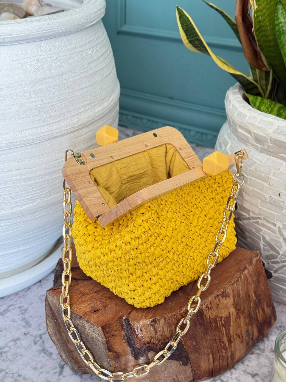 Ahşap Burslu Hasır Clutch Çanta