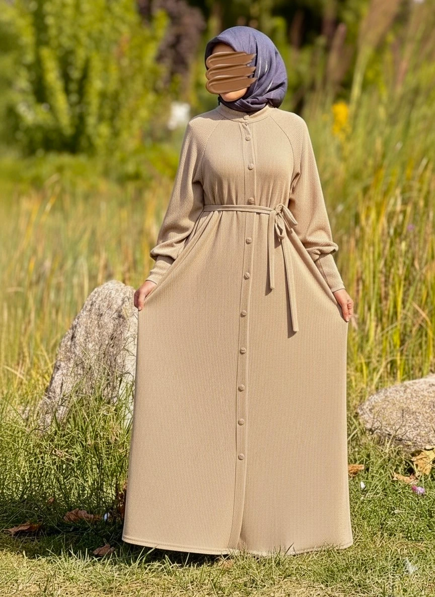 Ankanoor Reglan Kollu Kaplama Düğmeli Örme Ferace ANKA255107 - koyu bej